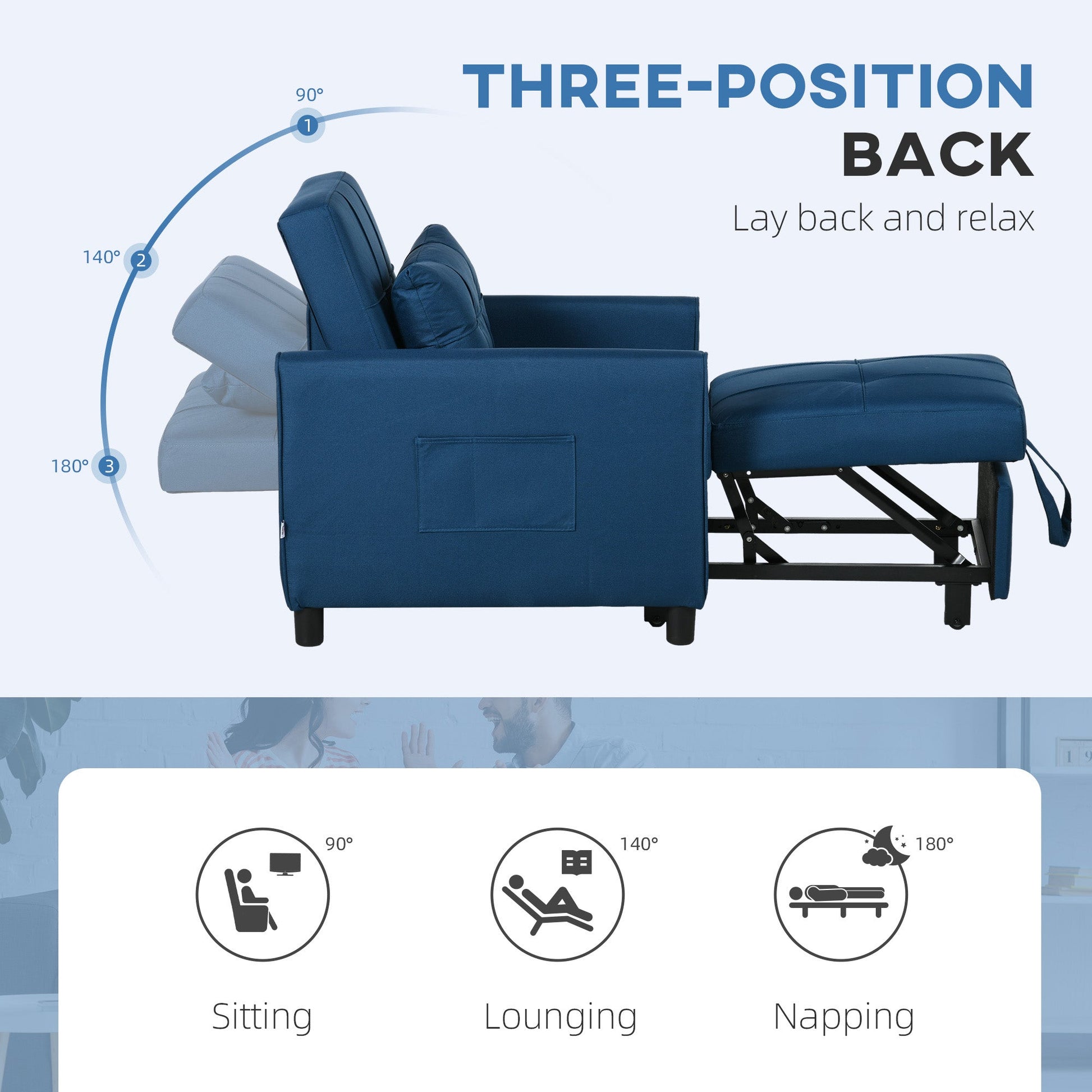 HOMCOM Compact Single Chair Bed, Pull Out Chair Bed, Convertible Sleeper Chair with Adjustable Backrest, Pillow, Side Pockets for Home Office, Bedroom, Living Room, Blue