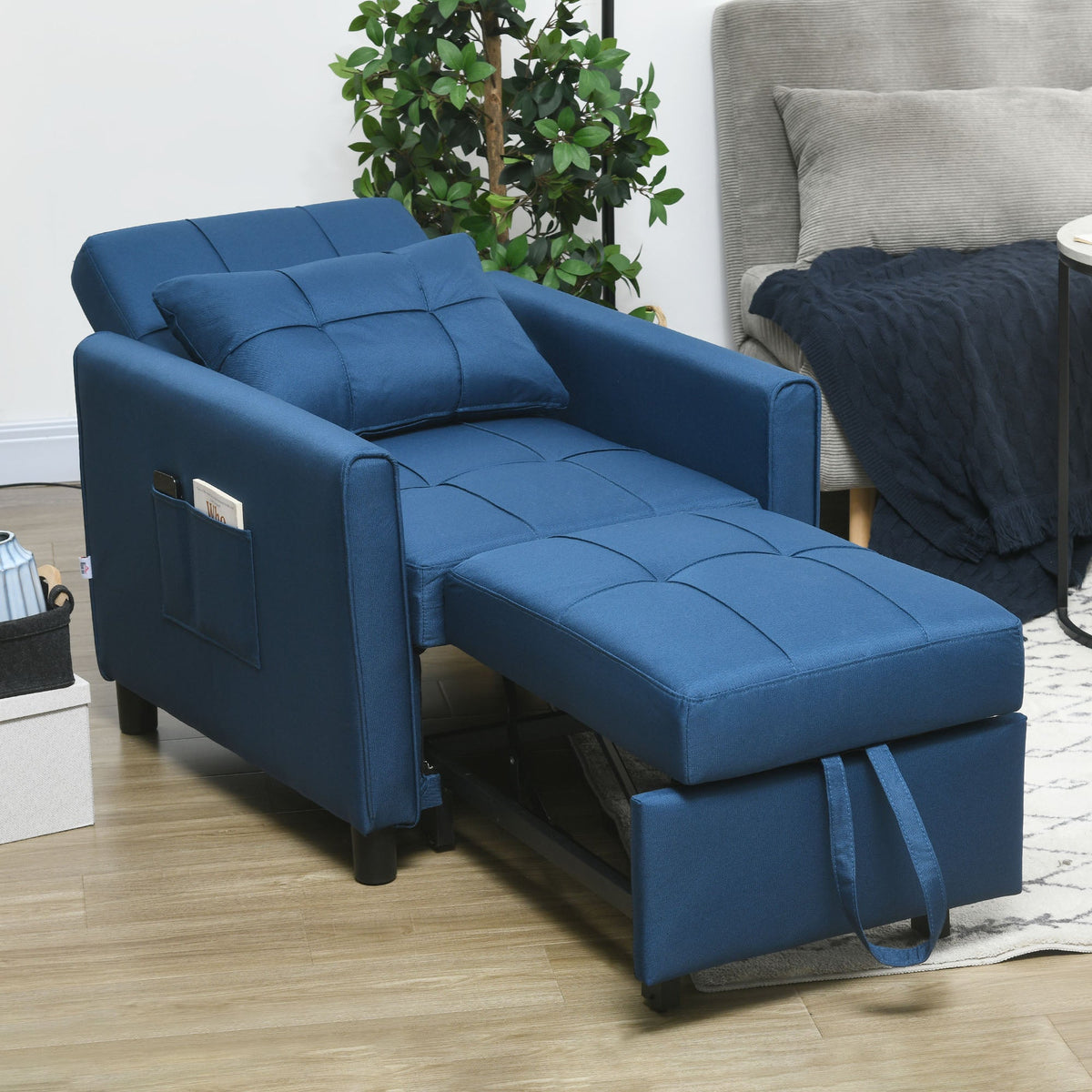 HOMCOM Compact Single Chair Bed, Pull Out Chair Bed, Convertible Sleeper Chair with Adjustable Backrest, Pillow, Side Pockets for Home Office, Bedroom, Living Room, Blue