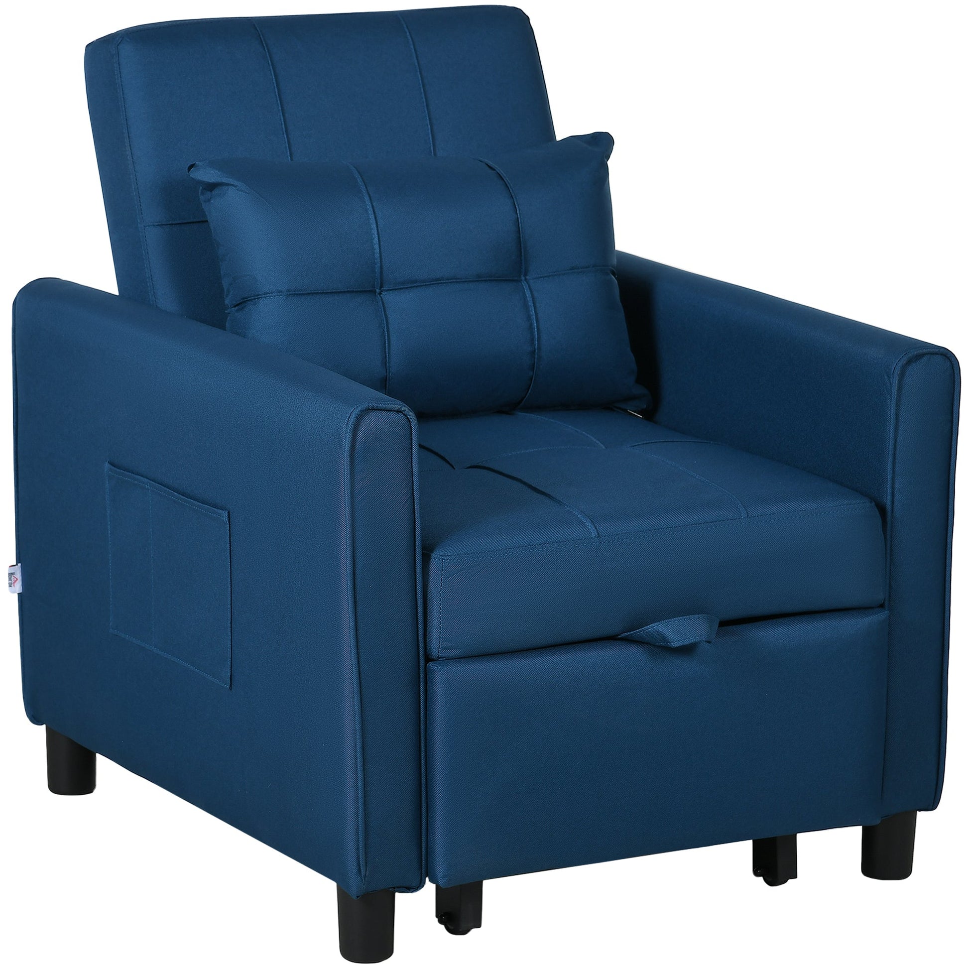 HOMCOM Compact Single Chair Bed, Pull Out Chair Bed, Convertible Sleeper Chair with Adjustable Backrest, Pillow, Side Pockets for Home Office, Bedroom, Living Room, Blue