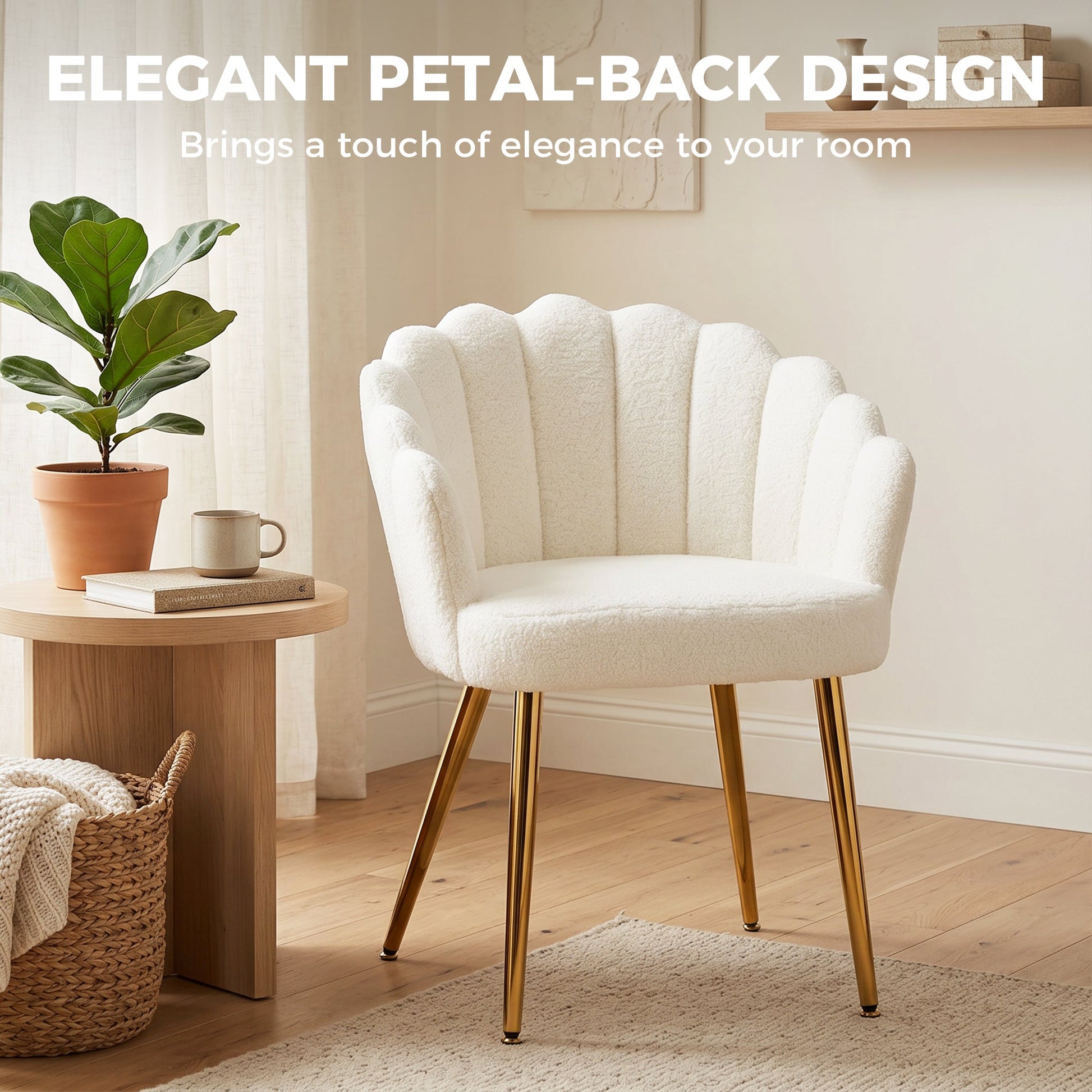 Petal-Back Lounge Chair, Faux Lamb's Wool Lounge Seat with Metal Legs and Adjustable Feet, Modern Armchair for Living Room, Bedroom, Balcony, Office, Cream