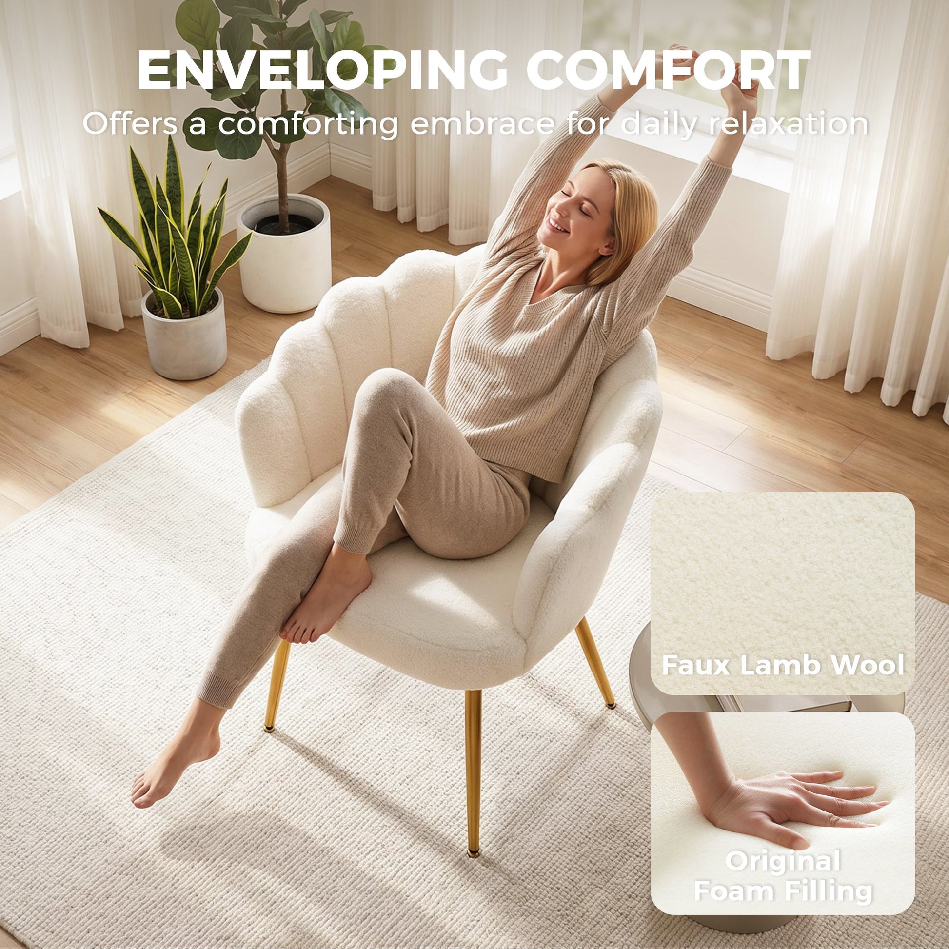 Petal-Back Lounge Chair, Faux Lamb's Wool Lounge Seat with Metal Legs and Adjustable Feet, Modern Armchair for Living Room, Bedroom, Balcony, Office, Cream