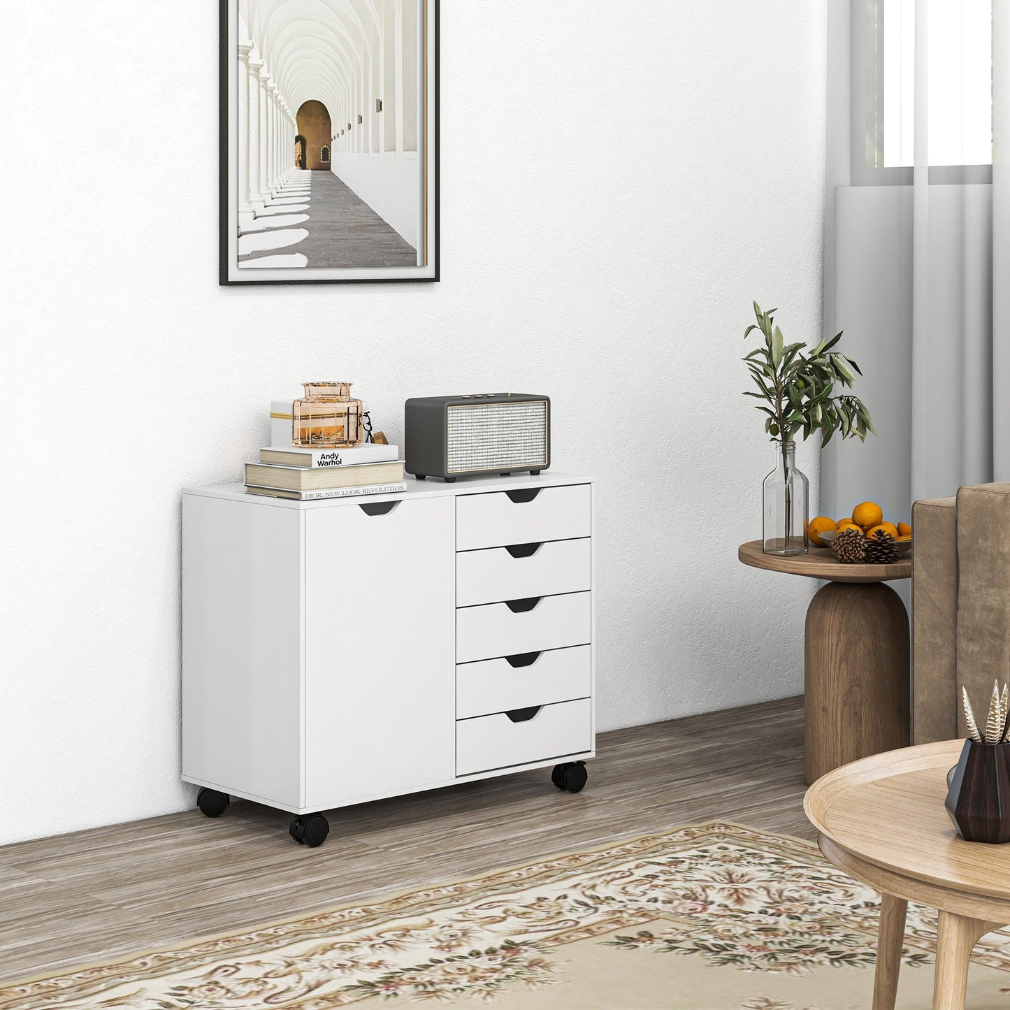 HOMCOM Lateral Office Storage Cabinet on Wheels, 5-Drawers Cabinet with Door and Adjustable Shelf for Home Office, White
