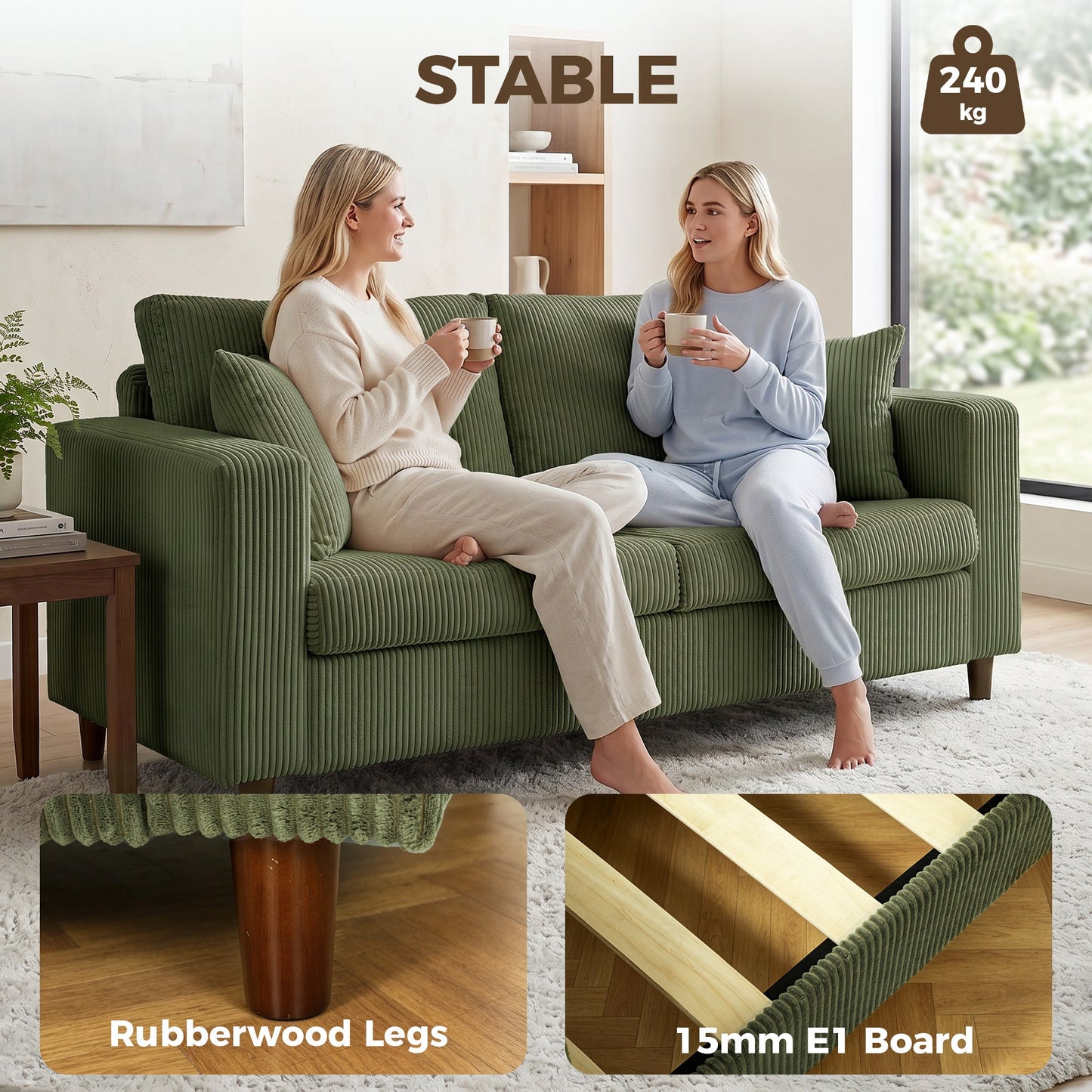 2 Seater Sofa, 170 cm Comfy Corduroy Couch with Wide Deep Seat, Wide Armrests, Spring Cushion, Thick Padded, Solid Wood Legs, Loveseat Sofa for Living Room, Green