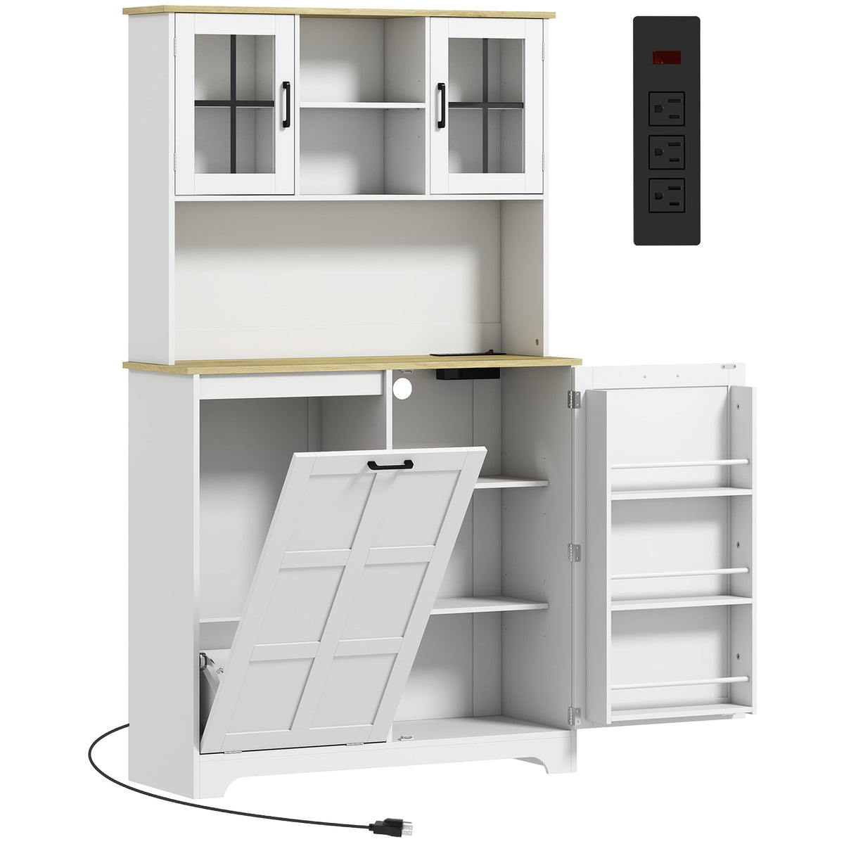 Kitchen Cupboard with Charging Station and 26.5 L Rubbish Bin Cabinet, 175cm Tall Kitchen Cabinet with 3 Door Shelves and 2 Acrylic Doors, Sideboard Storage Cabinet for Dining Room, White