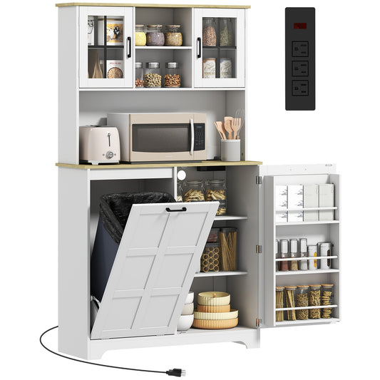 Kitchen Cupboard with Charging Station and 26.5 L Rubbish Bin Cabinet, 175cm Tall Kitchen Cabinet with 3 Door Shelves and 2 Acrylic Doors, Sideboard Storage Cabinet for Dining Room, White