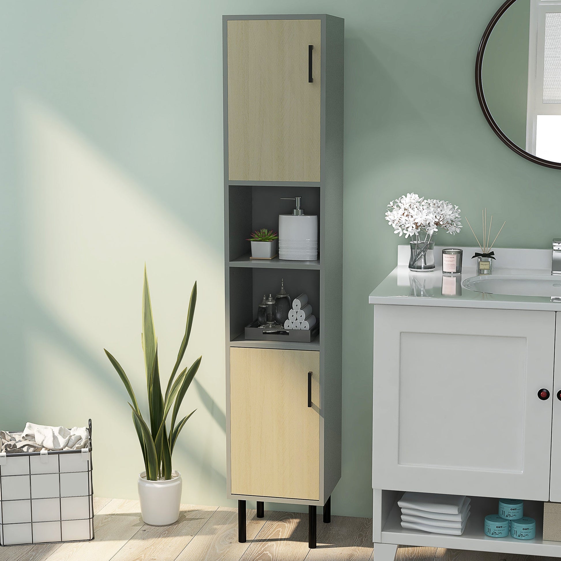 kleankin Tall Bathroom Cabinet, Free Standing Bathroom Storage Cabinet Cupboard with Door and Adjustable Shelves for Kitchen, Living Room