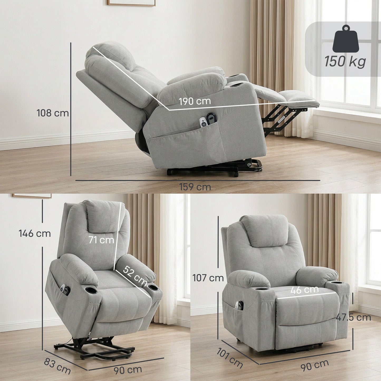 Power Lift Recliner Chair with Vibration Massage and Heat, Electric Lift Chair with Pocket Spring & Wide Backrest, Fabric Riser and Reclining Armchair with Remote, Side Pockets, Light Grey