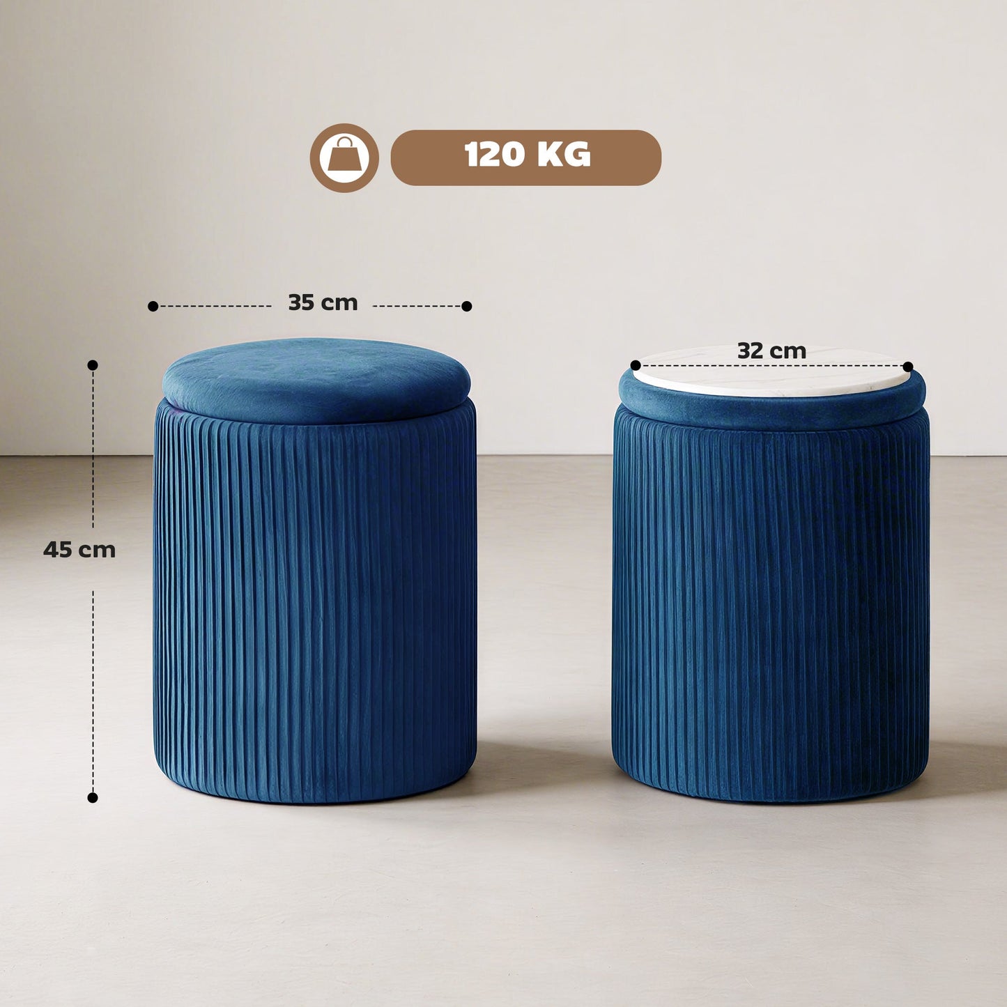 Round Storage Ottoman, Velvet-feel Fabric Upholstered Foot Stool with Removable Top, Padded Seat and Hidden Space for Living Room, Bedroom, Blue