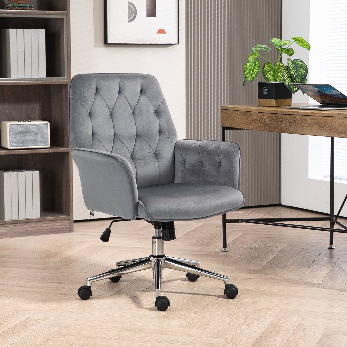 Vinsetto Office Desk Chair, Velvet-Feel Fabric Vanity Chair with Height Adjustable, Armrest, Swivel Chair for Home, Dark Grey