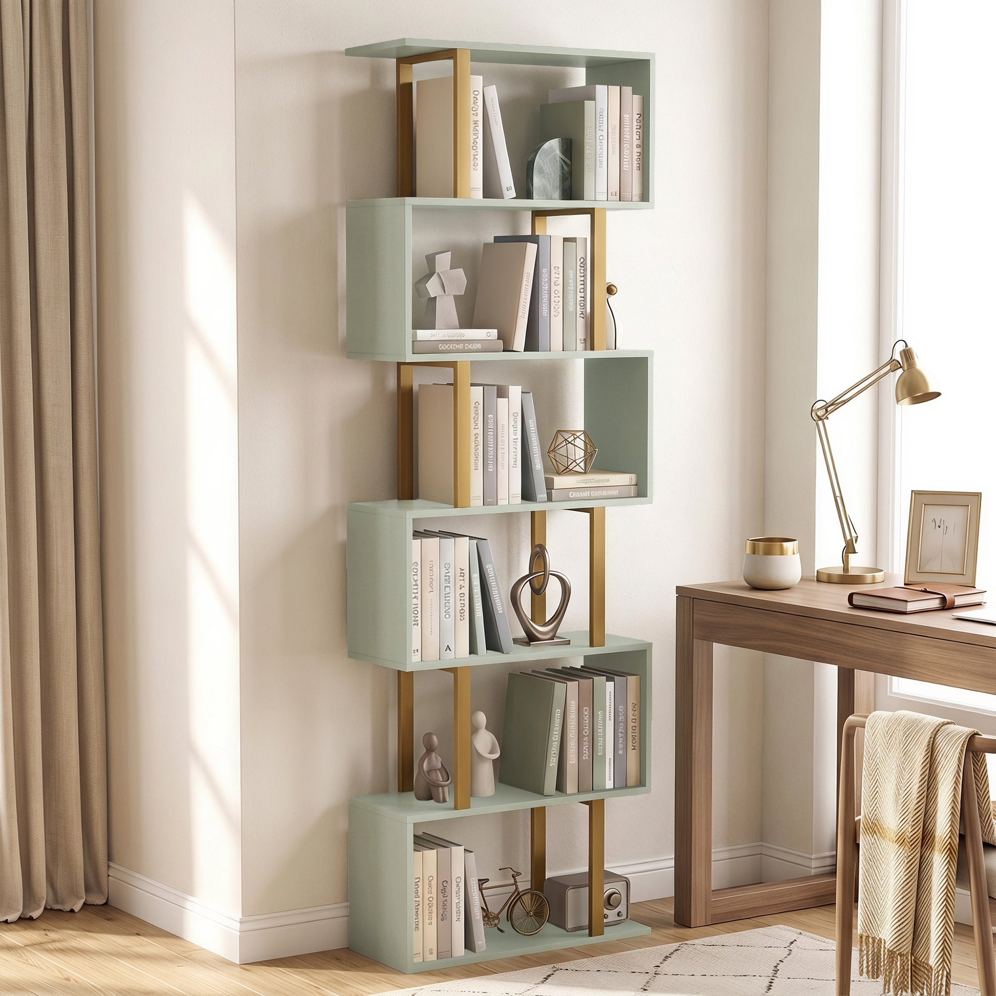 S-Shaped Bookshelf, 5-Tier Bookcase, Freestanding Storage Shelves with Anti-Tip Strap for Study, Living Room, Light Green