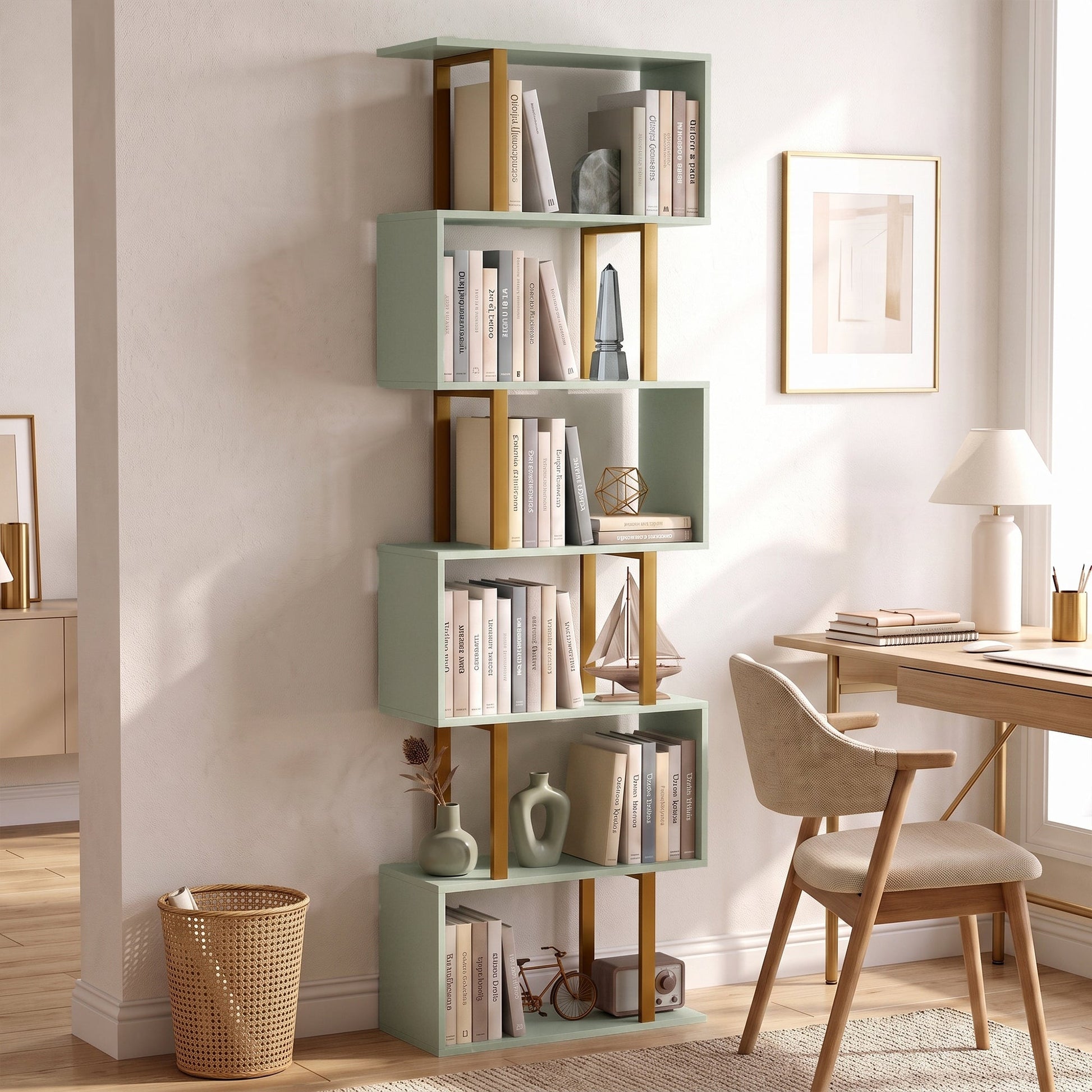 S-Shaped Bookshelf, 5-Tier Bookcase, Freestanding Storage Shelves with Anti-Tip Strap for Study, Living Room, Light Green