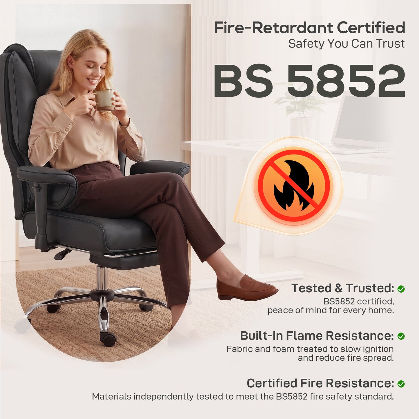 Executive Office Chair, Ergonomic Reclining Computer Desk Chair with Footrest, Adjustable Armrests, Spring Seat, High Back, Thick Cushion, Pet Friendly Faux Leather, Swivel, Black