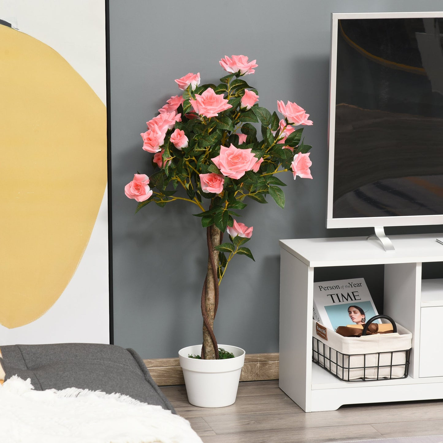 Outsunny 90cm/3FT Artificial Rose Tree, Fake Decorative Plant with Pot, Indoor Outdoor Faux Decoration Home Office Décor, Pink