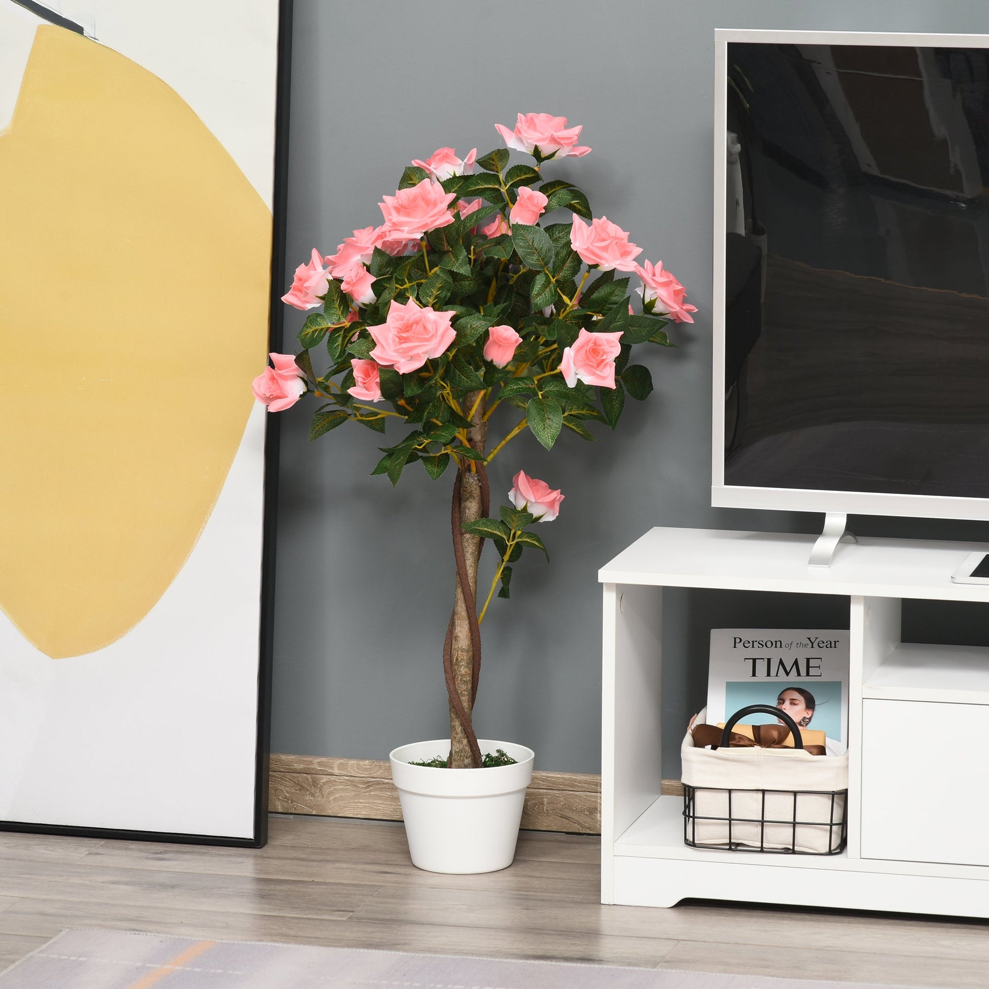 Outsunny 90cm/3FT Artificial Rose Tree, Fake Decorative Plant with Pot, Indoor Outdoor Faux Decoration Home Office Décor, Pink