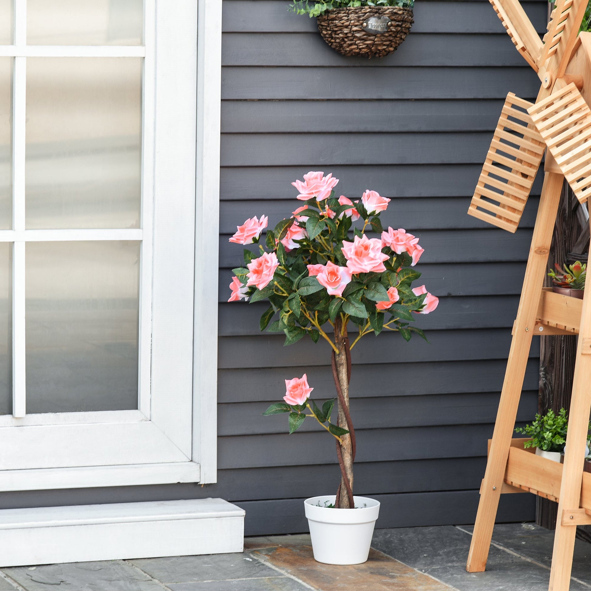 Outsunny 90cm/3FT Artificial Rose Tree, Fake Decorative Plant with Pot, Indoor Outdoor Faux Decoration Home Office Décor, Pink