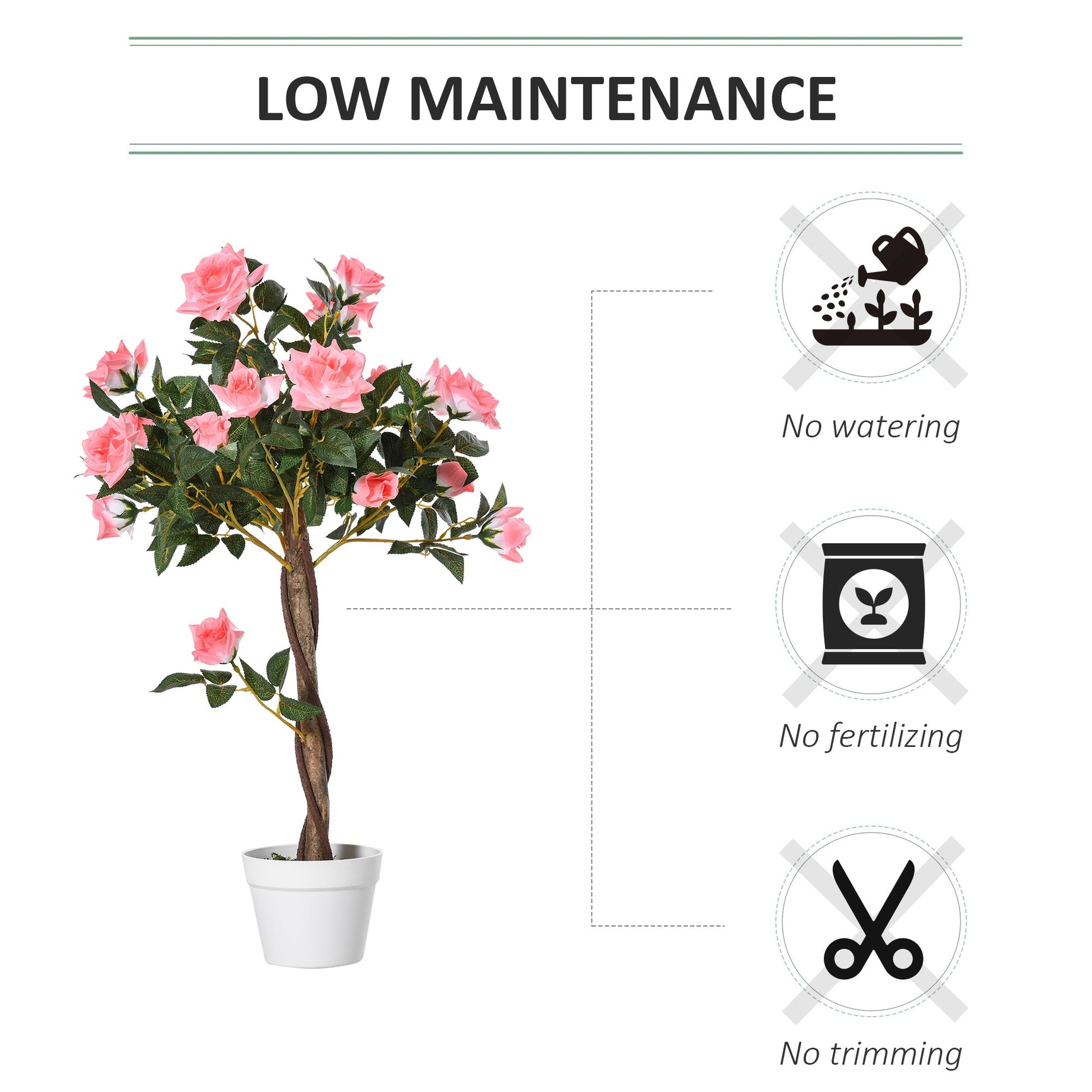 Outsunny 90cm/3FT Artificial Rose Tree, Fake Decorative Plant with Pot, Indoor Outdoor Faux Decoration Home Office Décor, Pink