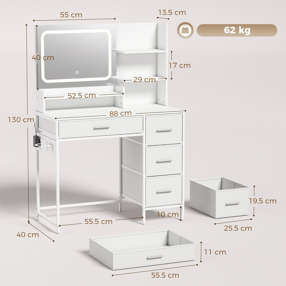 Dressing Table with 3-Colour LED Mirror and Power Outlet, Vanity Desk with 4 Drawers, 5 Open Shelves and Hair Dryer Holder, Modern Makeup Table for Bedroom, 88 x 40 x 130 cm, White