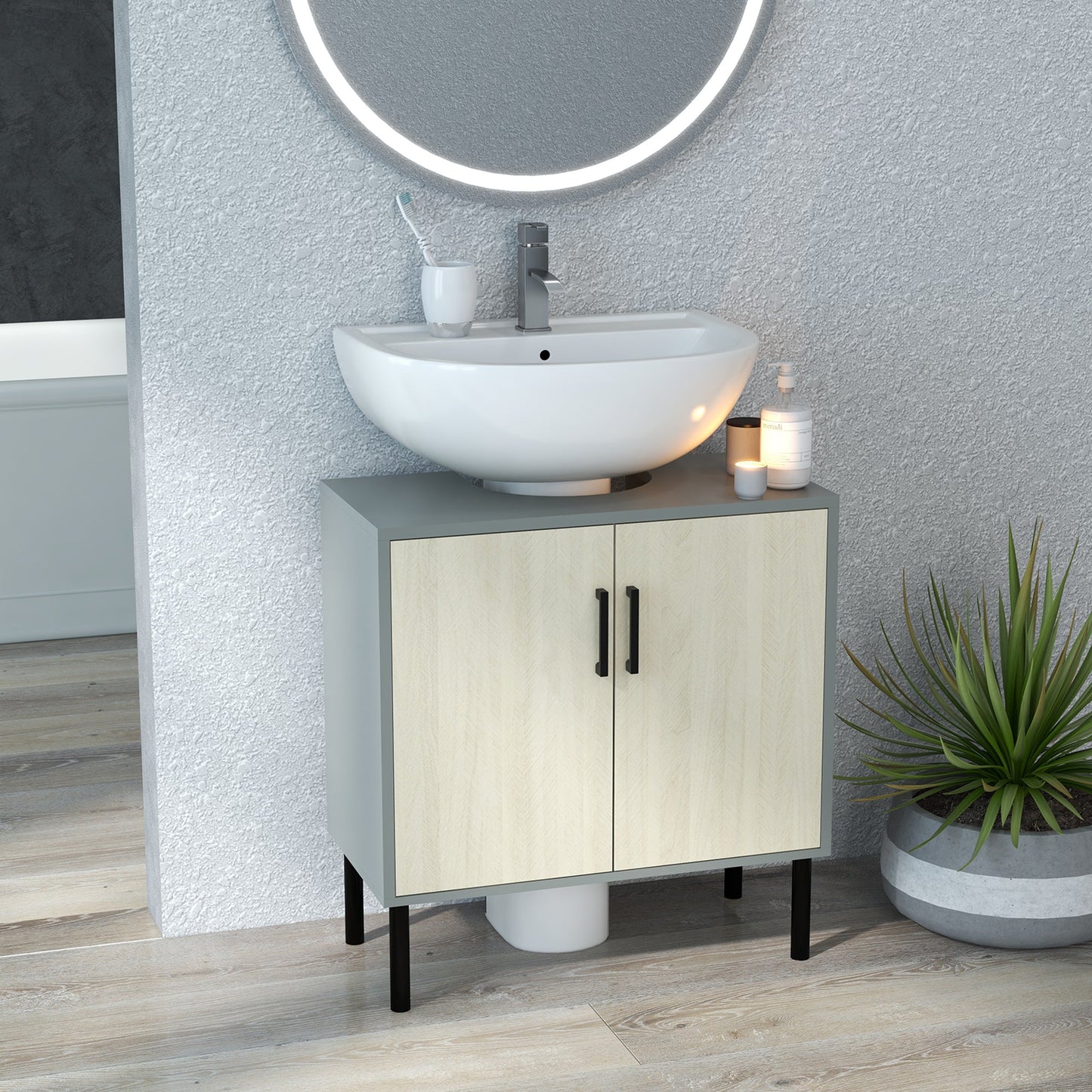 kleankin Under Sink Cabinet, Bathroom Sink Cabinet, Floor Basin Storage Cupboard with Double Doors and Shelf, 60 x 30 x 60 cm, Natural Tone