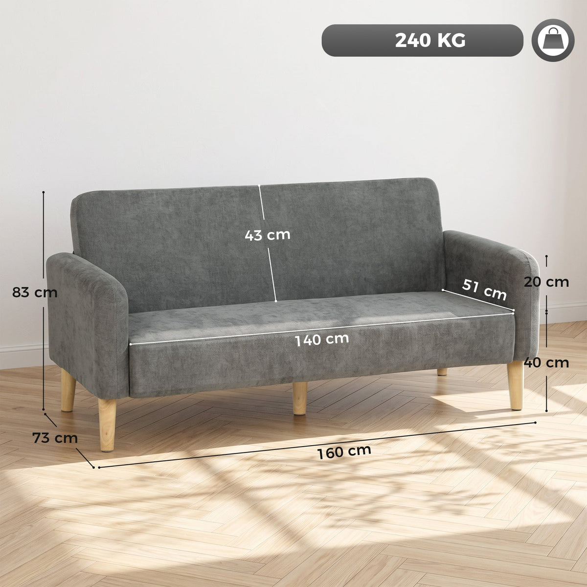2 Seater Sofa, 160cm Velvet Small Couch with 20cm Thick Padding, Wide and Deep Seat, Plush Backrest, Loveseat Sofa Settee for Small Space, Living Room, Bedroom, Home Office, Grey