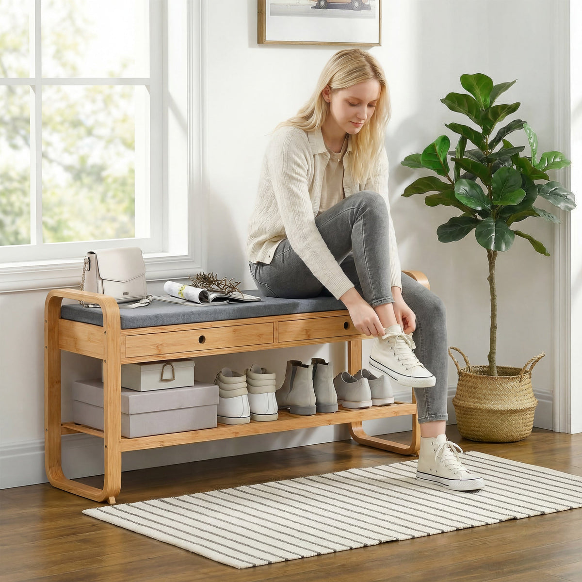 Shoe Bench with 2 Drawers, Shoe Storage Bench with Cushioned Seat, Storage Shelf and Bamboo Frame, 130 kg Weight Capacity, 105 x 33.2 x 55 cm, Natural and Grey