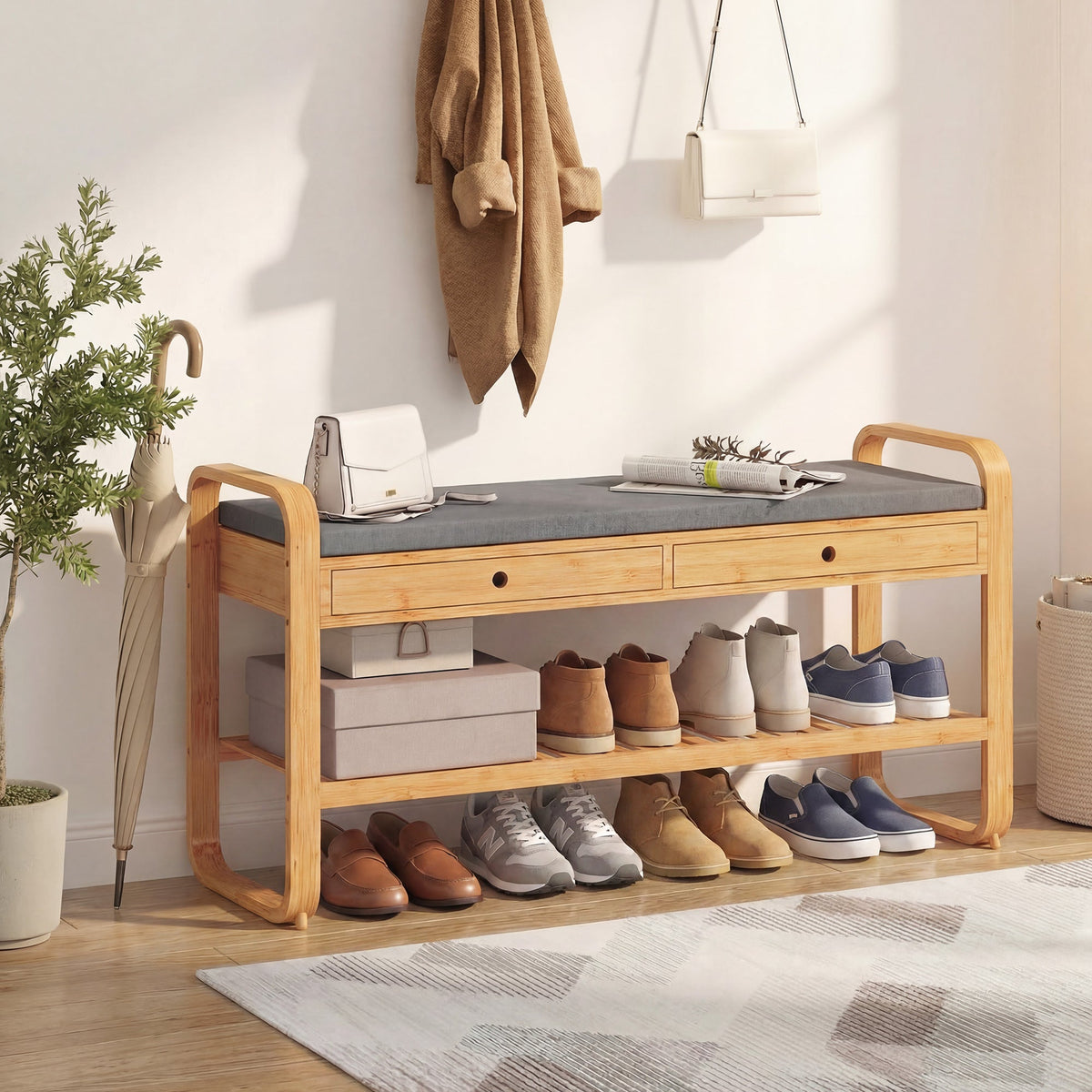 Shoe Bench with 2 Drawers, Shoe Storage Bench with Cushioned Seat, Storage Shelf and Bamboo Frame, 130 kg Weight Capacity, 105 x 33.2 x 55 cm, Natural and Grey