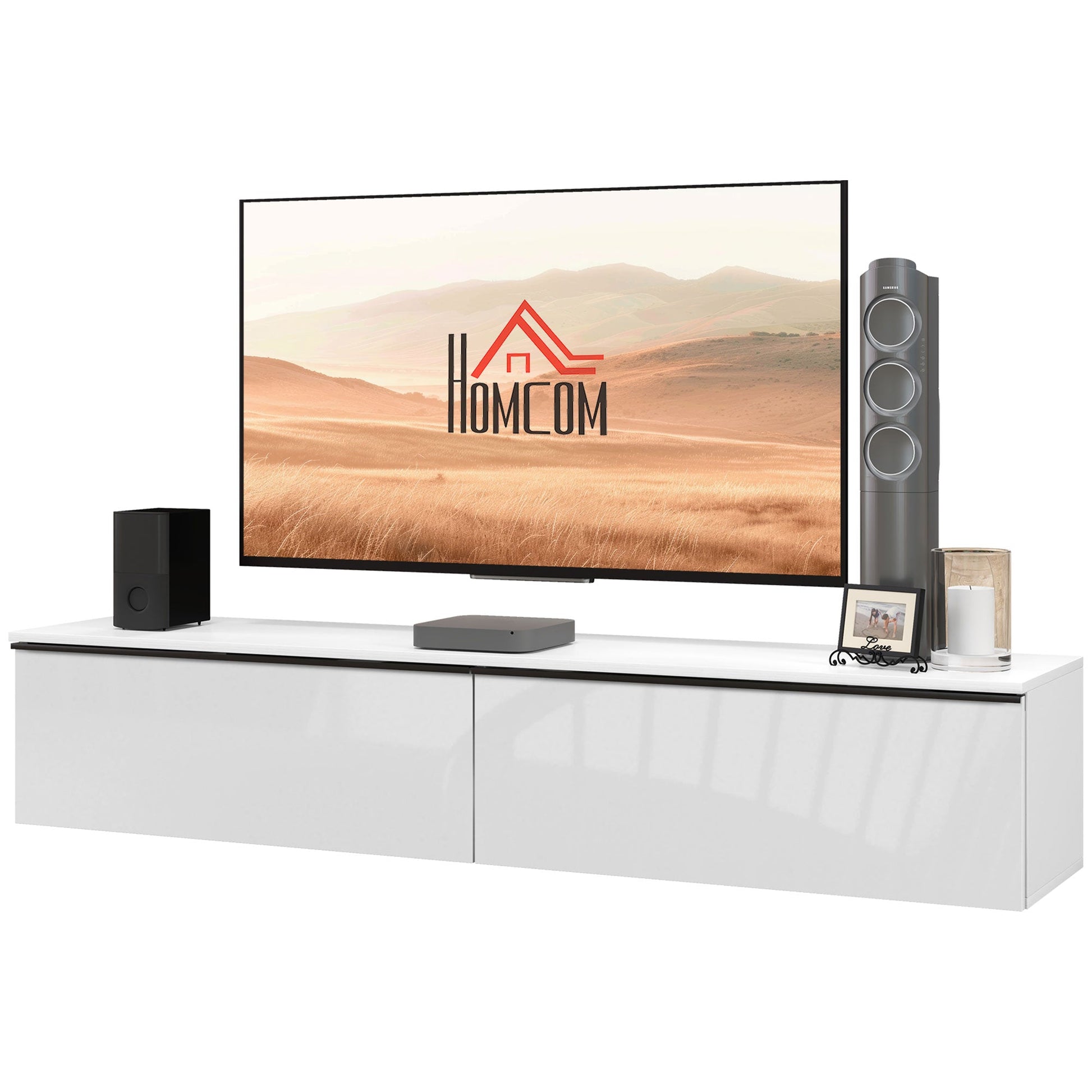 HOMCOM 160cm High Gloss Floating TV Unit Stand for TVs up to 70", Wall Mounted TV Cabinet with Storage Cupboards, White