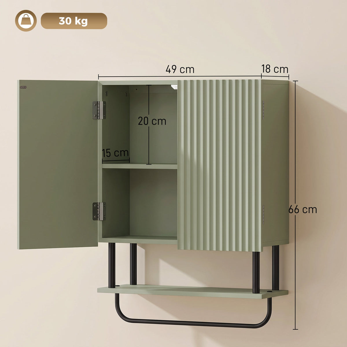 Bathroom Wall Cabinet with 2 Wavy Doors, Modern Bathroom Cabinet Wall Mounted Over Toilet with Hidden Storage and Open shelf, Towel Bar, Space Saving, Green