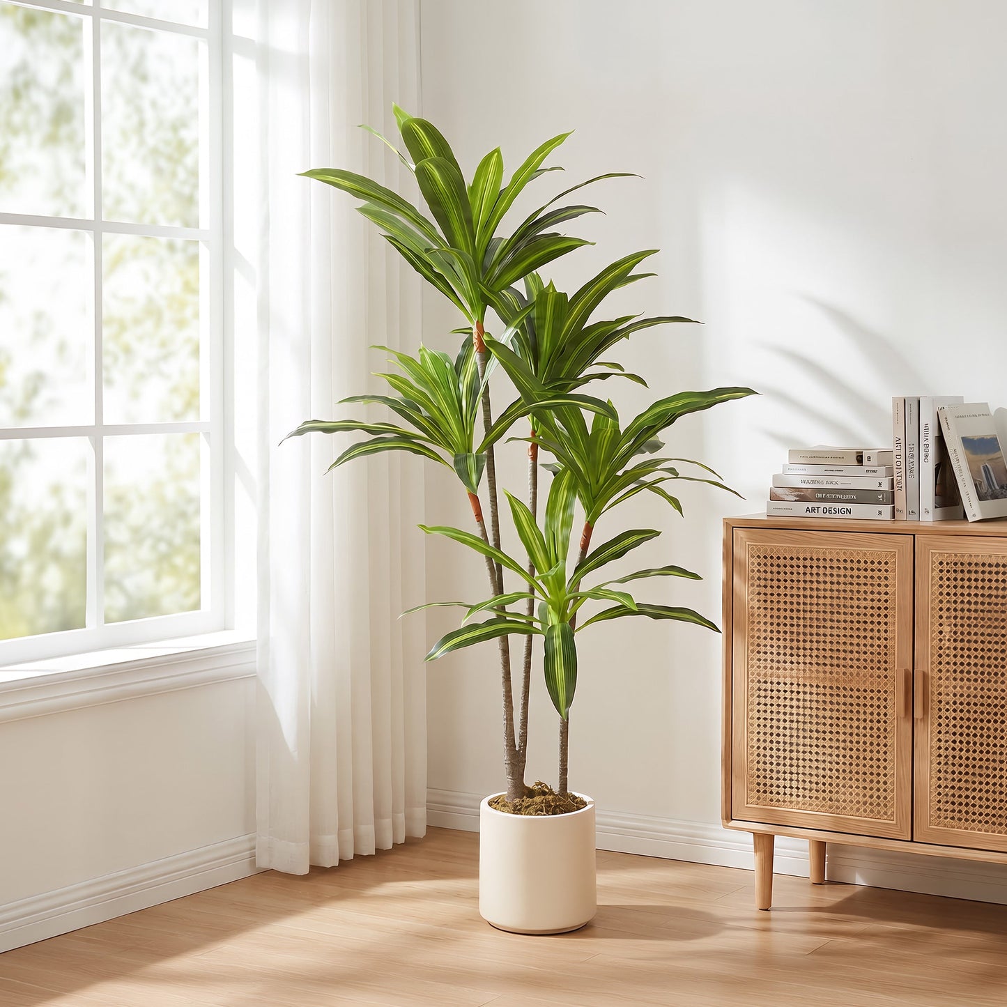 150cm Artificial Dracaena Tree, Decorative Artificial Plants with Bendable Trunks and White Planter for Living Room Bedroom Home Office Decor, Green