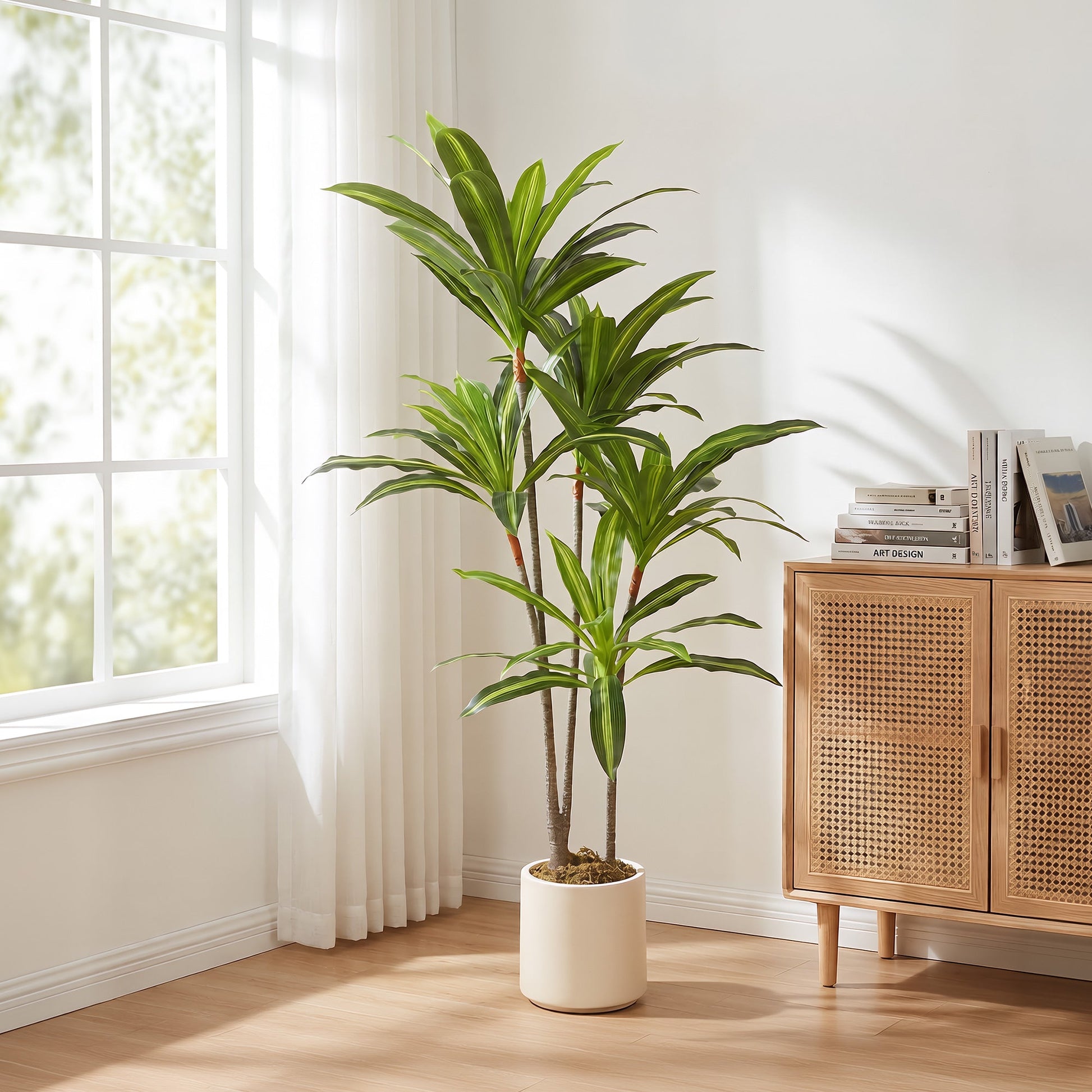 150cm Artificial Dracaena Tree, Decorative Artificial Plants with Bendable Trunks and White Planter for Living Room Bedroom Home Office Decor, Green