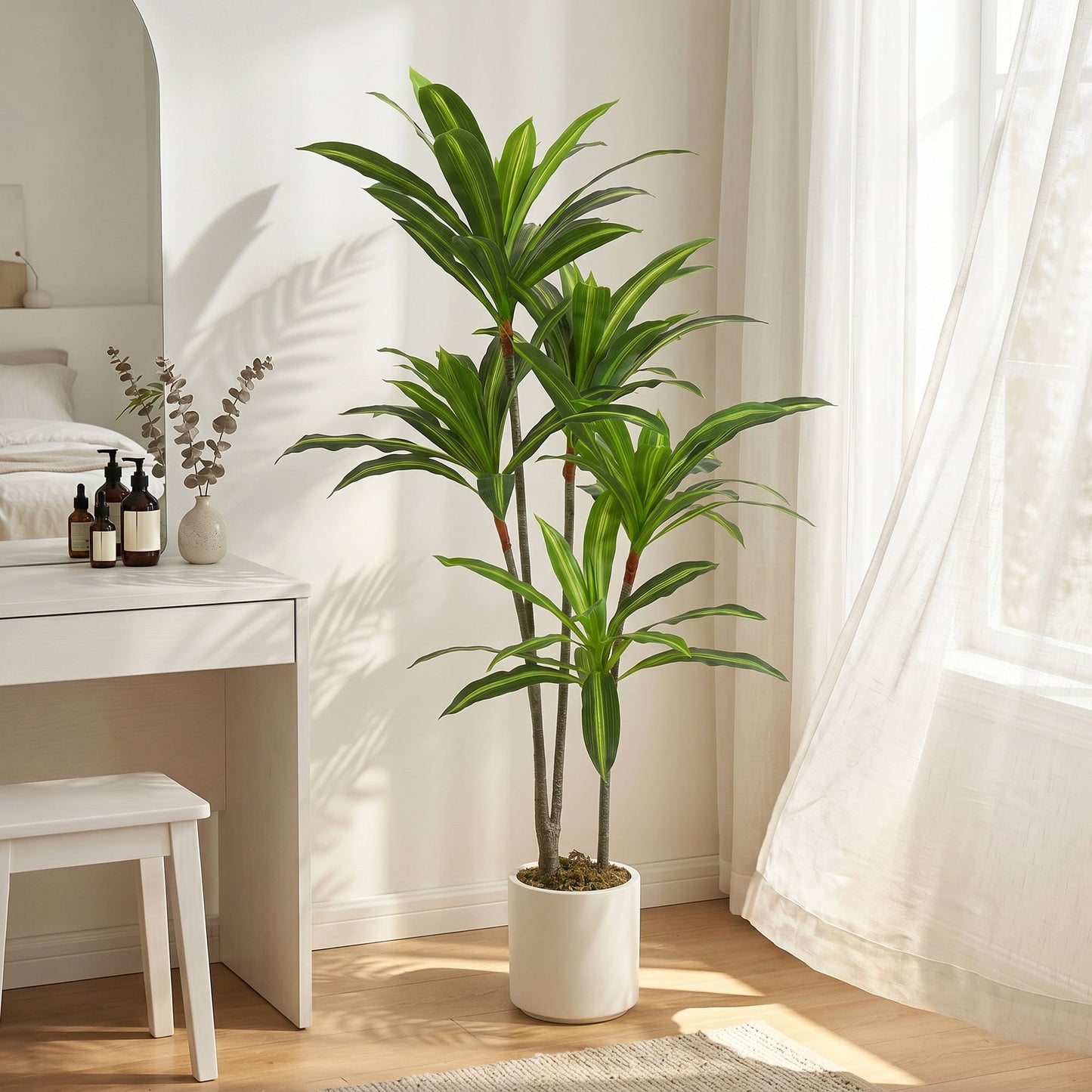 150cm Artificial Dracaena Tree, Decorative Artificial Plants with Bendable Trunks and White Planter for Living Room Bedroom Home Office Decor, Green