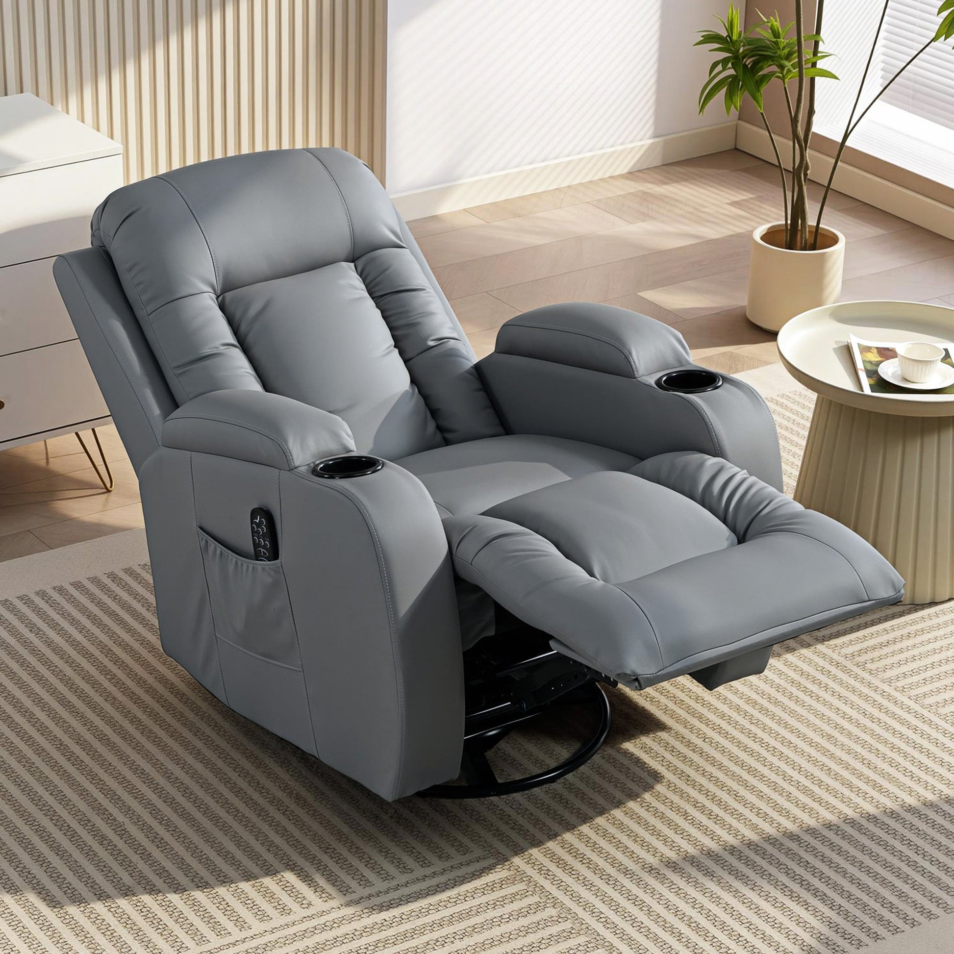 Recliner Armchair with Massage & Heat, PU Leather Recliner Chair with Extended Footrest, Cup Holders and Side Pockets, Swivel Rocking Manual Reclining Chair for Living Room, Grey