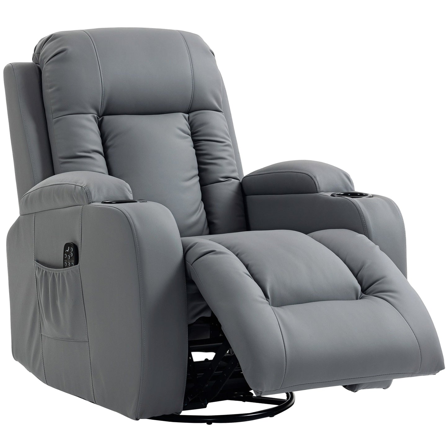 Recliner Armchair with Massage & Heat, PU Leather Recliner Chair with Extended Footrest, Cup Holders and Side Pockets, Swivel Rocking Manual Reclining Chair for Living Room, Grey