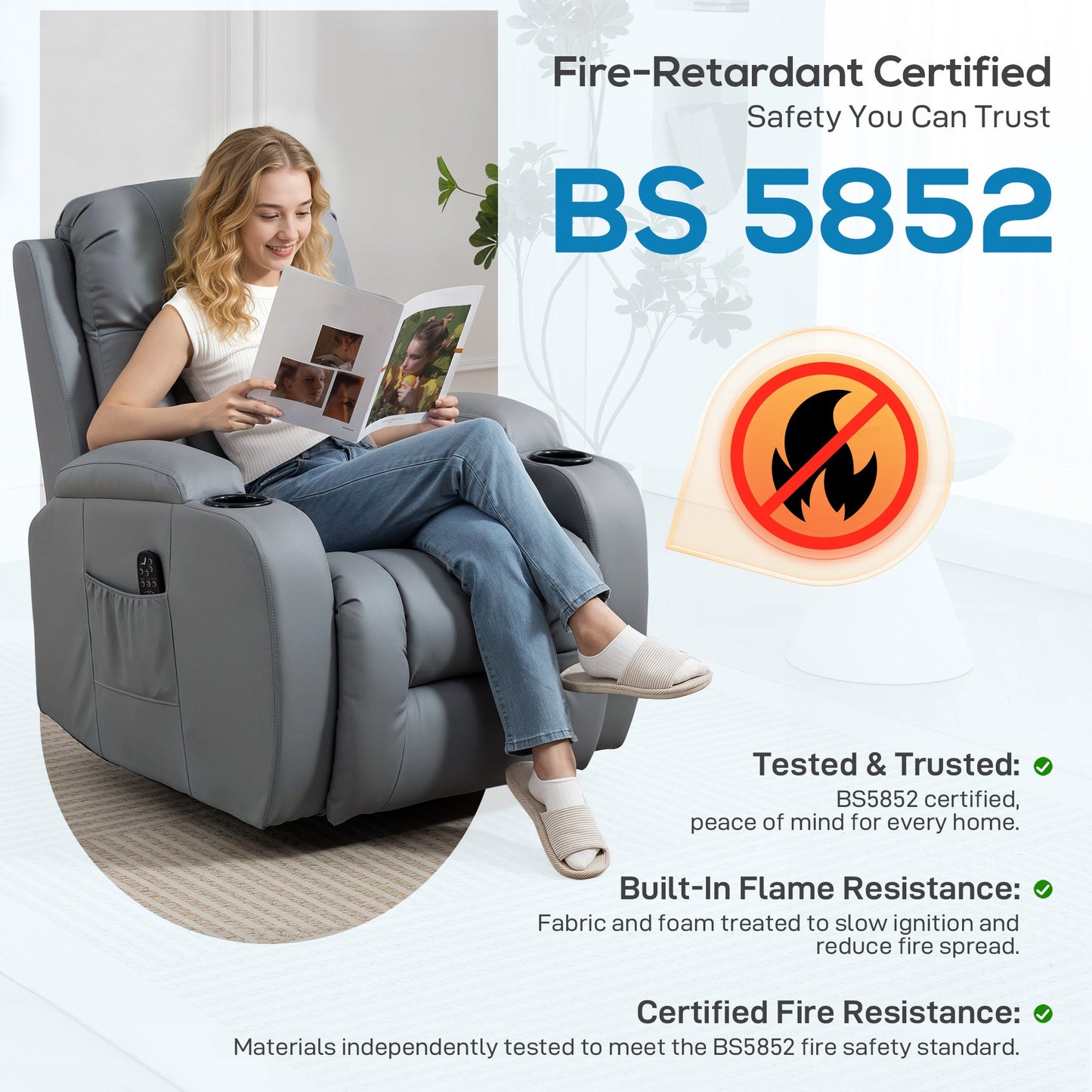 Recliner Armchair with Massage & Heat, PU Leather Recliner Chair with Extended Footrest, Cup Holders and Side Pockets, Swivel Rocking Manual Reclining Chair for Living Room, Grey