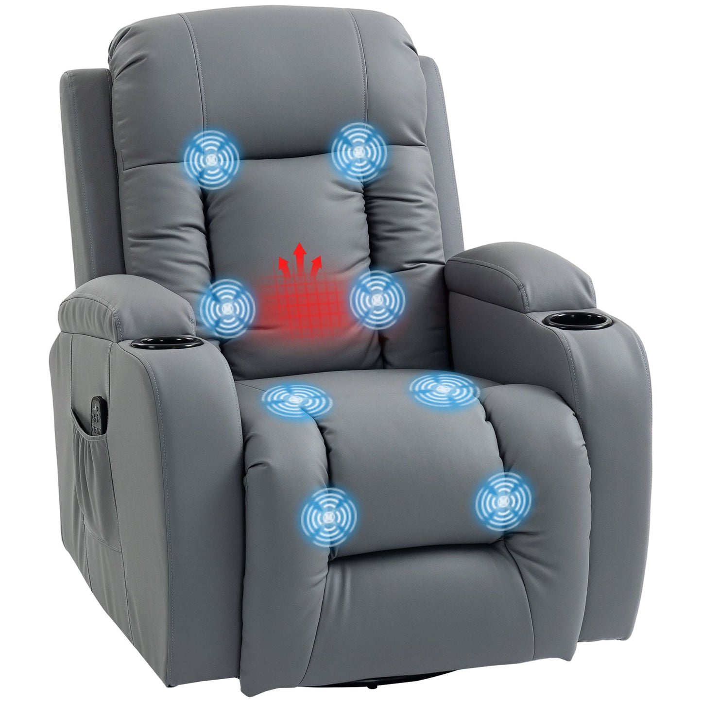 Recliner Armchair with Massage & Heat, PU Leather Recliner Chair with Extended Footrest, Cup Holders and Side Pockets, Swivel Rocking Manual Reclining Chair for Living Room, Grey