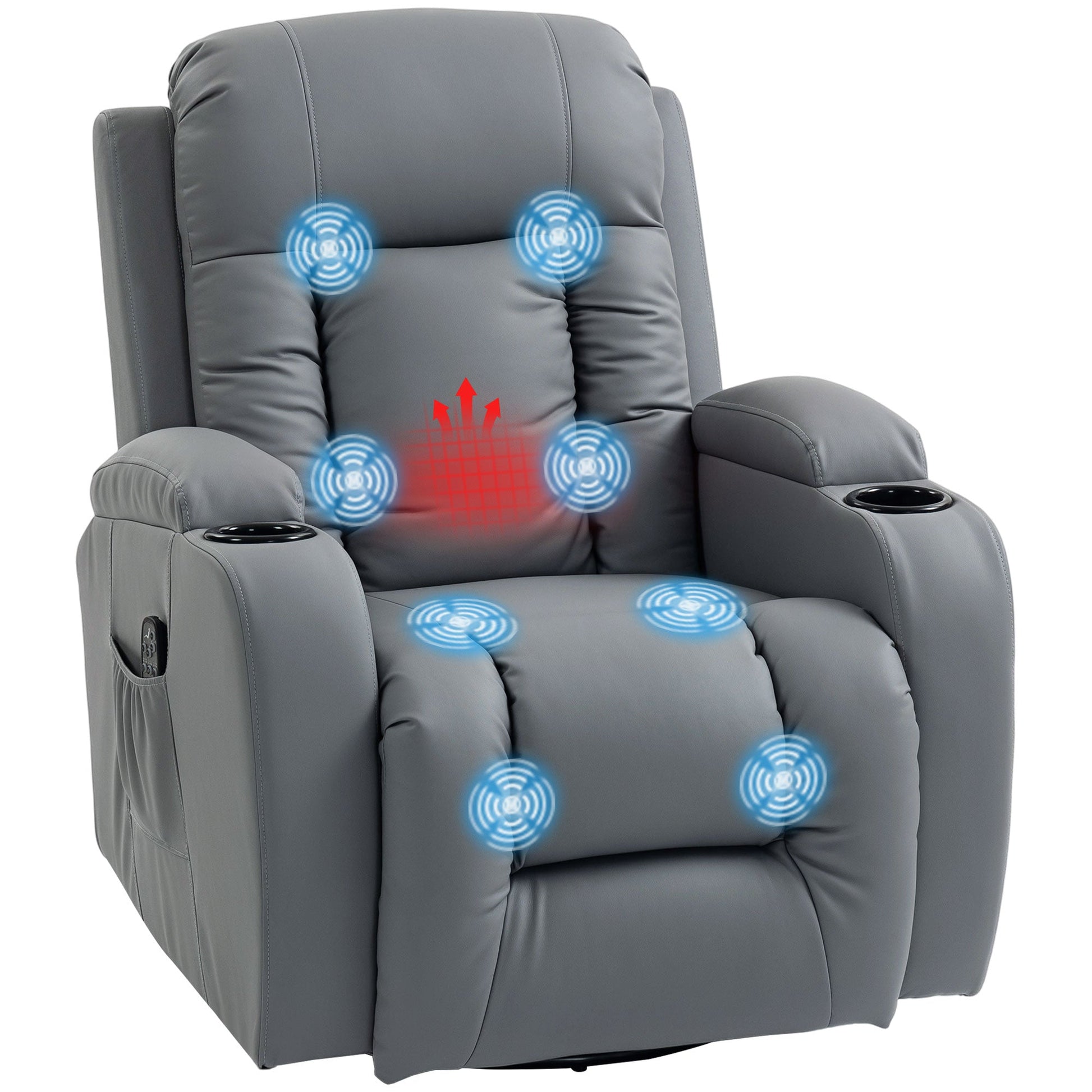 Recliner Armchair with Massage & Heat, PU Leather Recliner Chair with Extended Footrest, Cup Holders and Side Pockets, Swivel Rocking Manual Reclining Chair for Living Room, Grey