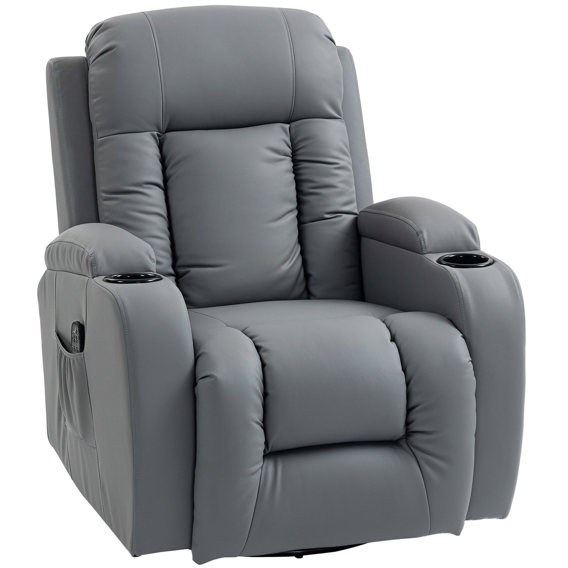 Recliner Armchair with Massage & Heat, PU Leather Recliner Chair with Extended Footrest, Cup Holders and Side Pockets, Swivel Rocking Manual Reclining Chair for Living Room, Grey