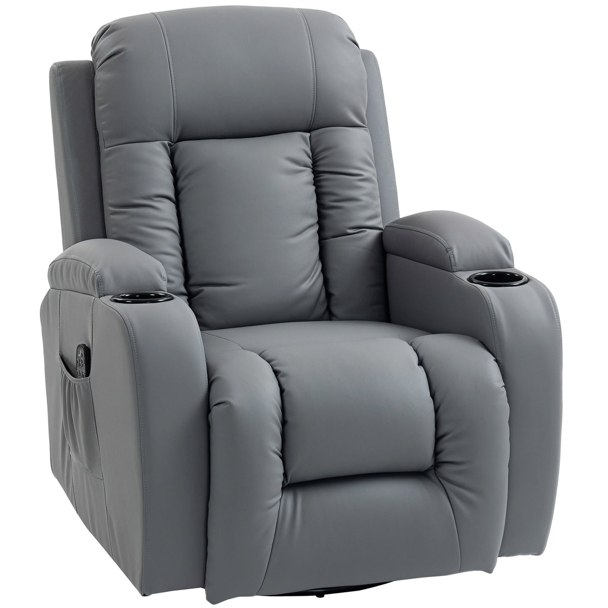 Recliner Armchair with Massage & Heat, PU Leather Recliner Chair with Extended Footrest, Cup Holders and Side Pockets, Swivel Rocking Manual Reclining Chair for Living Room, Grey
