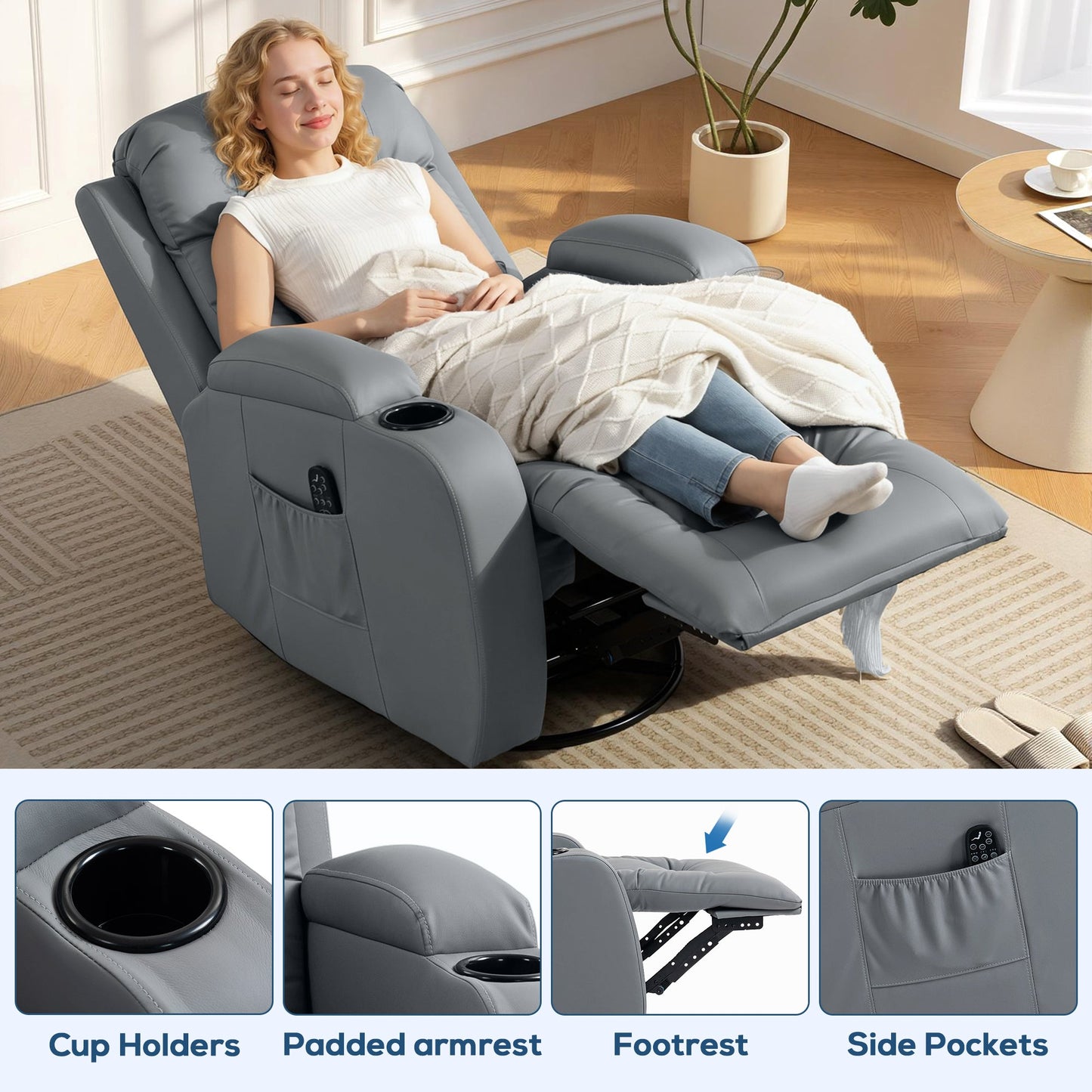 Recliner Armchair with Massage & Heat, PU Leather Recliner Chair with Extended Footrest, Cup Holders and Side Pockets, Swivel Rocking Manual Reclining Chair for Living Room, Grey