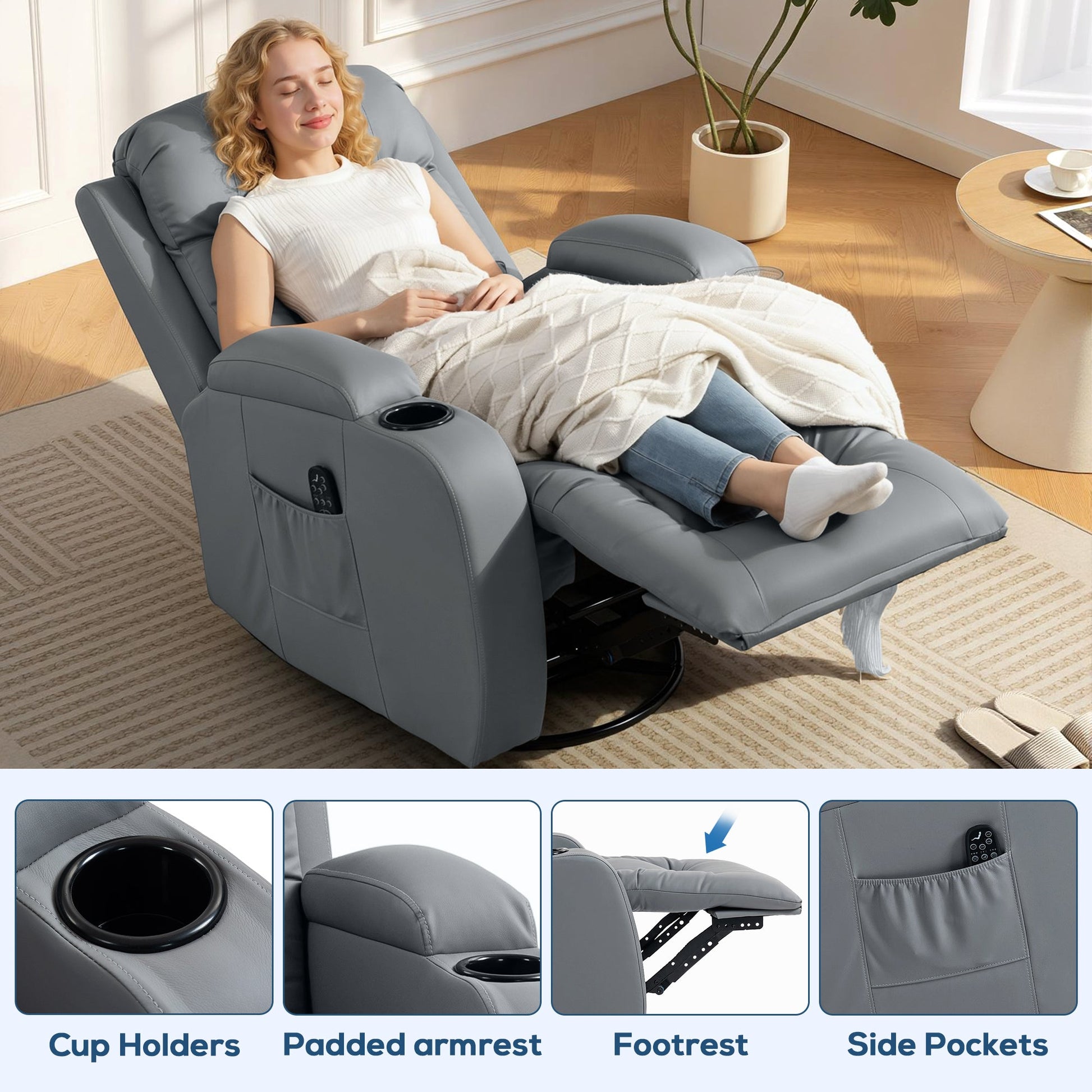 Recliner Armchair with Massage & Heat, PU Leather Recliner Chair with Extended Footrest, Cup Holders and Side Pockets, Swivel Rocking Manual Reclining Chair for Living Room, Grey