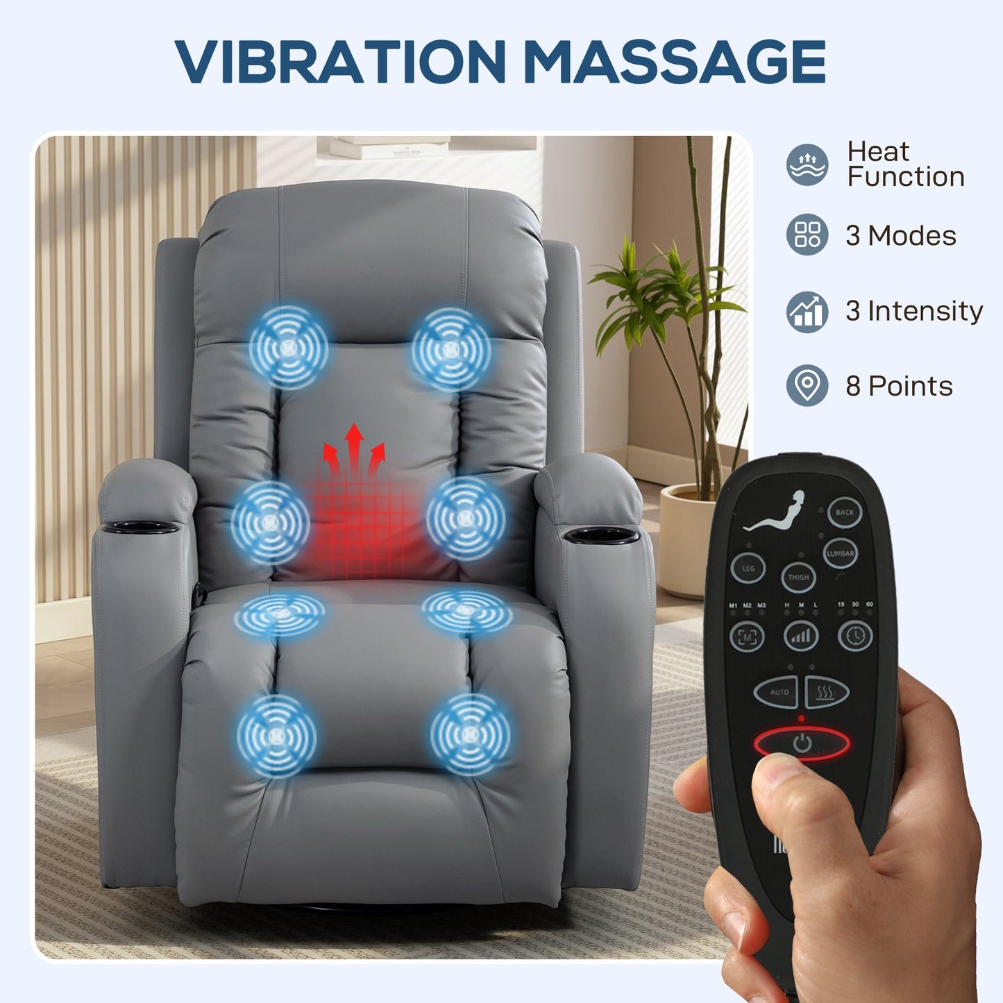 Recliner Armchair with Massage & Heat, PU Leather Recliner Chair with Extended Footrest, Cup Holders and Side Pockets, Swivel Rocking Manual Reclining Chair for Living Room, Grey