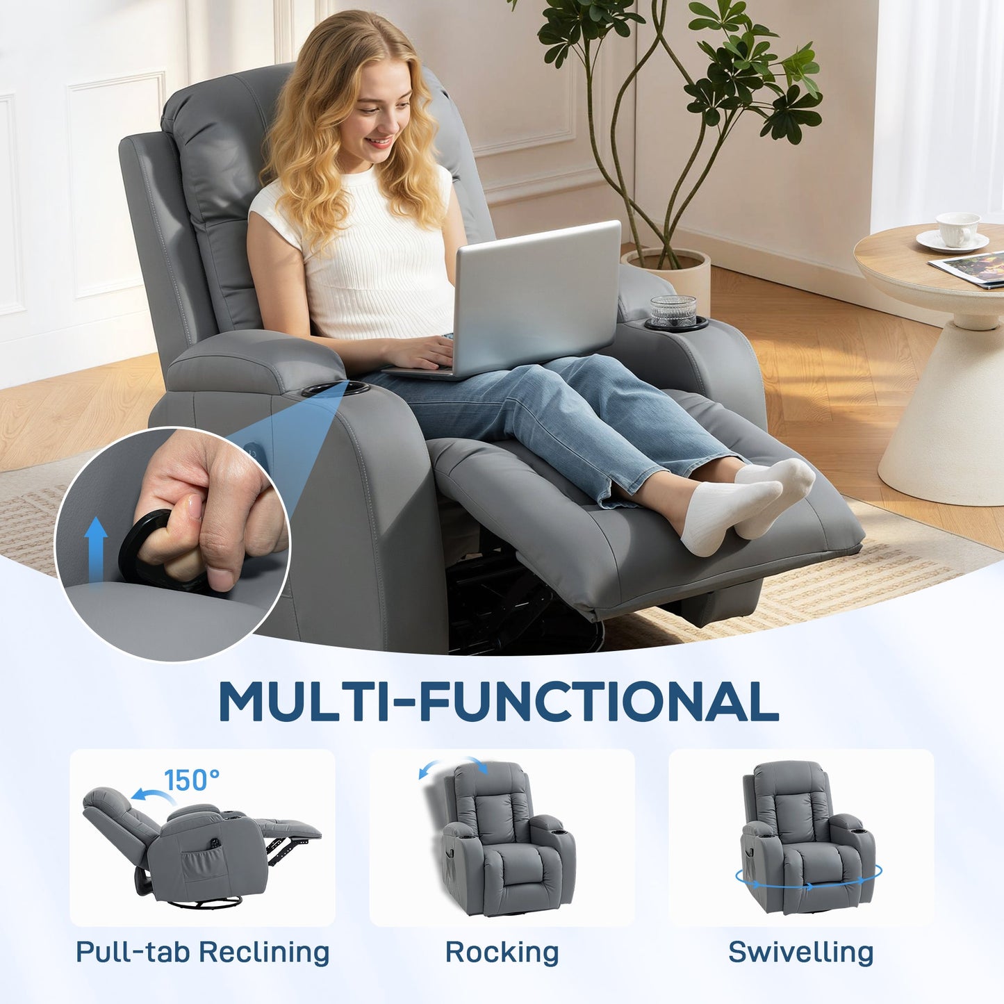 Recliner Armchair with Massage & Heat, PU Leather Recliner Chair with Extended Footrest, Cup Holders and Side Pockets, Swivel Rocking Manual Reclining Chair for Living Room, Grey