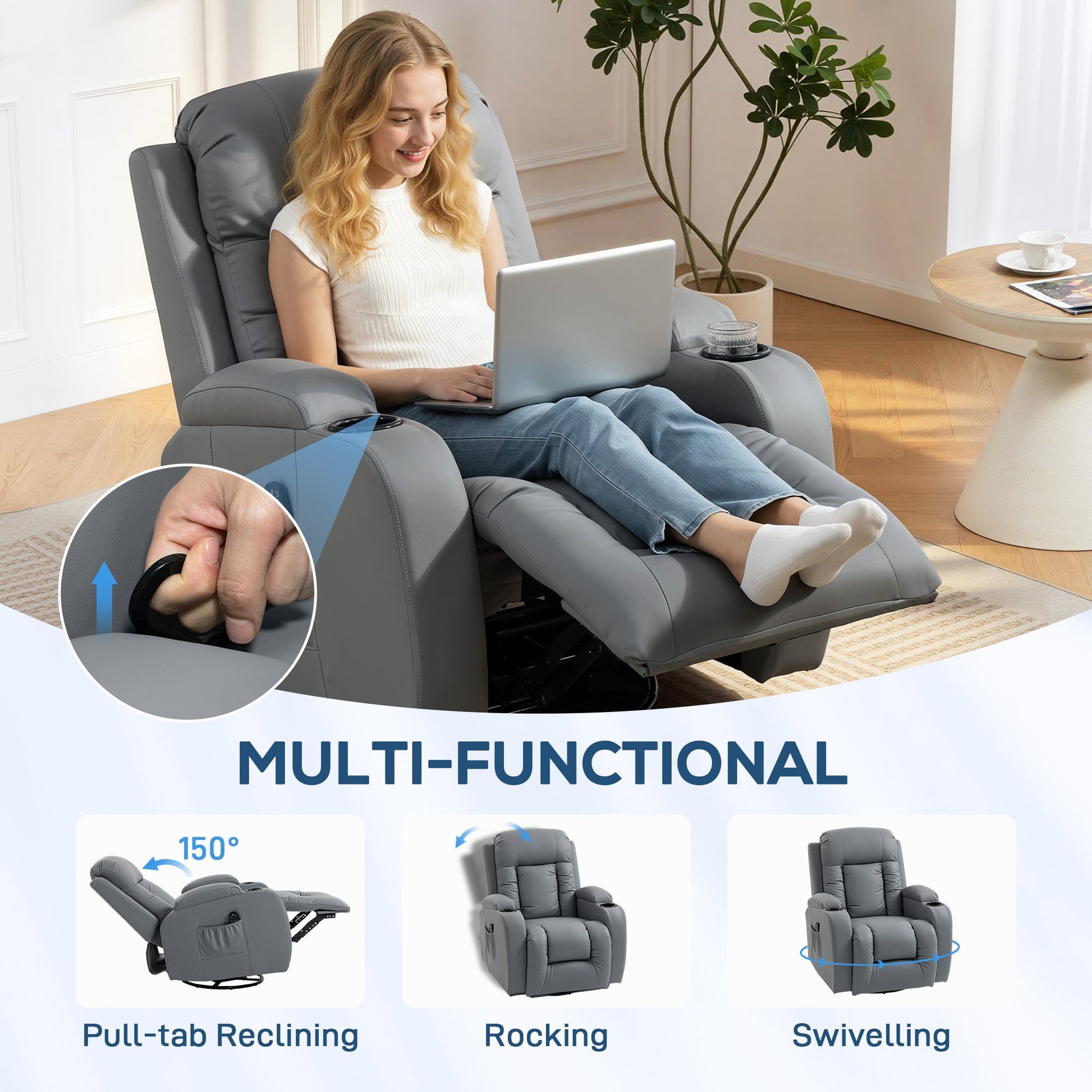 Recliner Armchair with Massage & Heat, PU Leather Recliner Chair with Extended Footrest, Cup Holders and Side Pockets, Swivel Rocking Manual Reclining Chair for Living Room, Grey