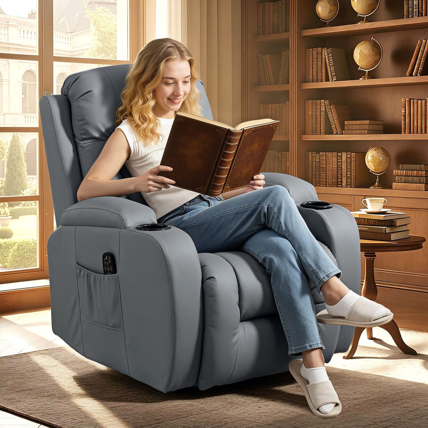 Recliner Armchair with Massage & Heat, PU Leather Recliner Chair with Extended Footrest, Cup Holders and Side Pockets, Swivel Rocking Manual Reclining Chair for Living Room, Grey