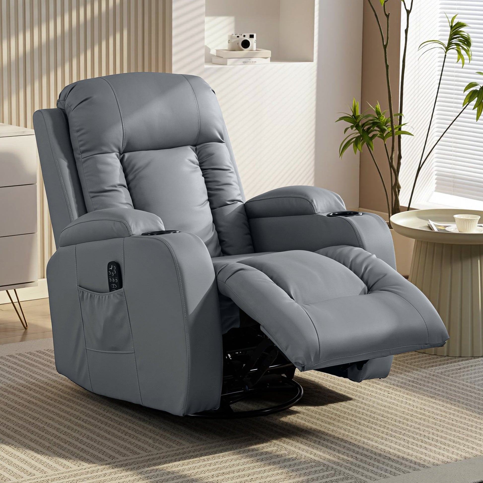 Recliner Armchair with Massage & Heat, PU Leather Recliner Chair with Extended Footrest, Cup Holders and Side Pockets, Swivel Rocking Manual Reclining Chair for Living Room, Grey