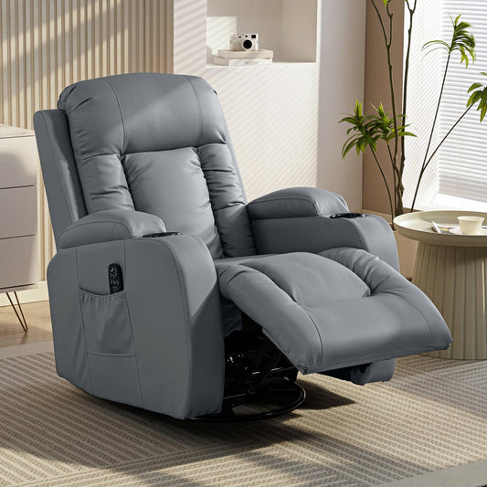 Recliner Armchair with Massage & Heat, PU Leather Recliner Chair with Extended Footrest, Cup Holders and Side Pockets, Swivel Rocking Manual Reclining Chair for Living Room, Grey