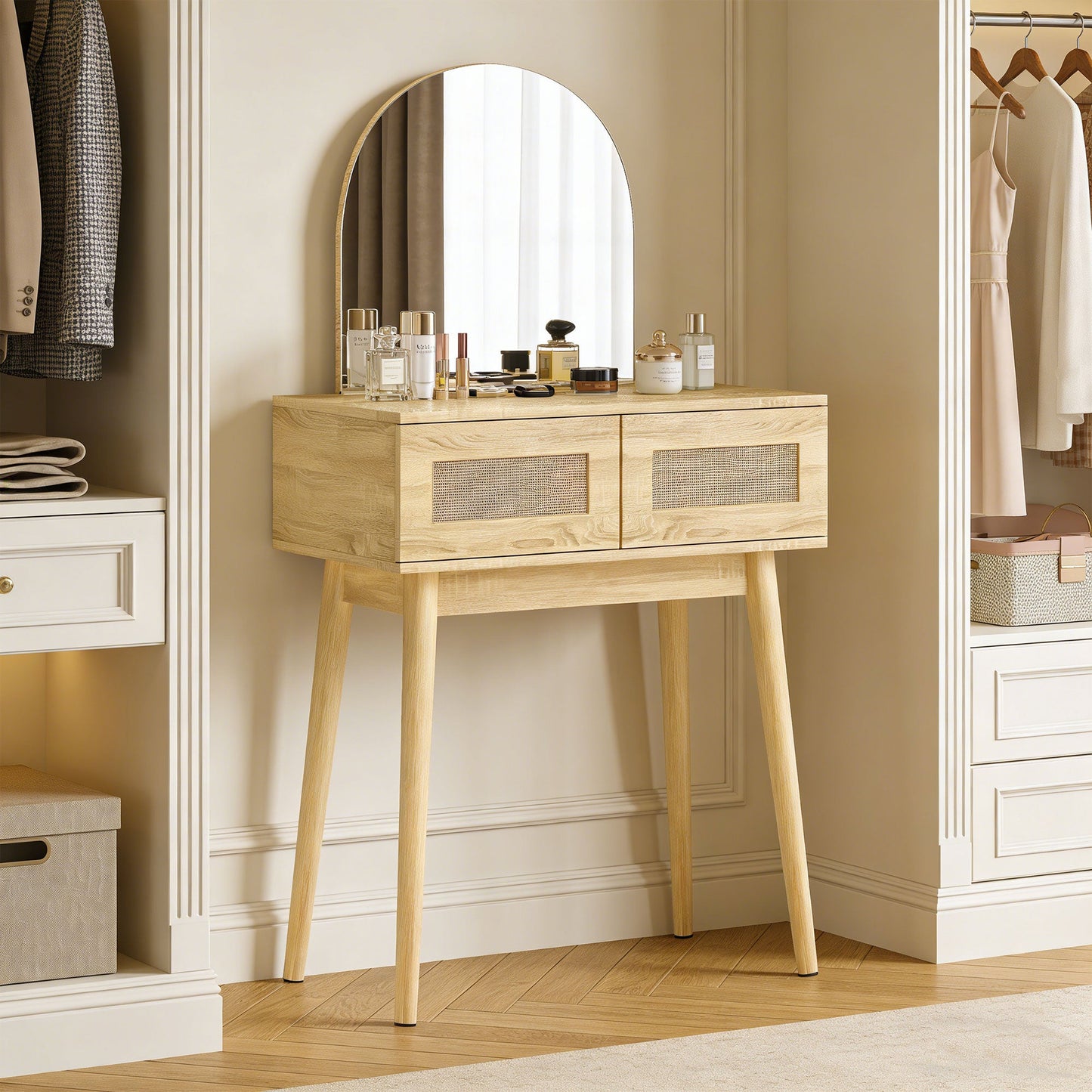 Dressing Table with Arched Mirror, Modern Compact Vanity Desk with 2 Drawers, Makeup Desk for Bedroom, Small Spaces, Women and Girls, Natural Wood Finish
