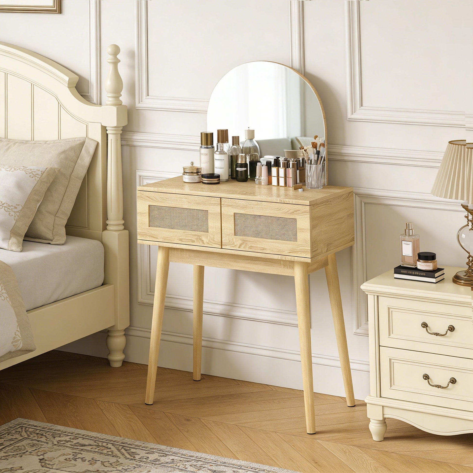 Dressing Table with Arched Mirror, Modern Compact Vanity Desk with 2 Drawers, Makeup Desk for Bedroom, Small Spaces, Women and Girls, Natural Wood Finish