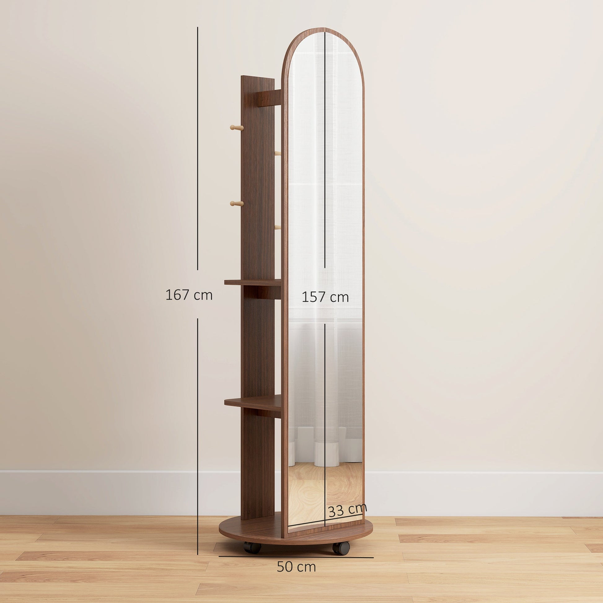 2-in-1 Full Length Mirror with Storage Shelves, Floor Mirror with 4 Universal Wheels, Coat Rack, 4 Hooks, Space-Saving Freestanding Organiser for Bedroom, Living Room, Brown Wood Effect