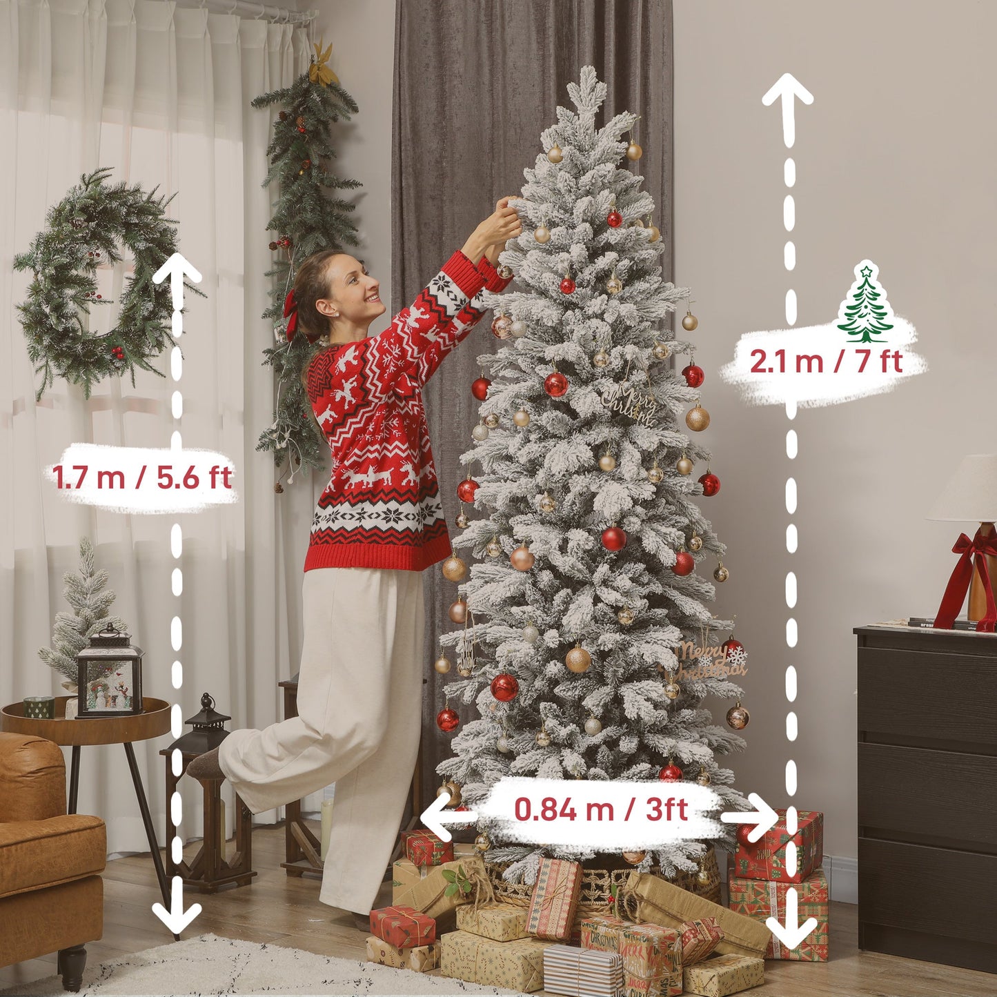 7ft Flocked Christmas Tree, Hinged Pencil Christmas Tree with 972 Tips, Realistic Branches, Easy Assembly, Slim Shape, Artificial Xmas Home Decoration, Green White