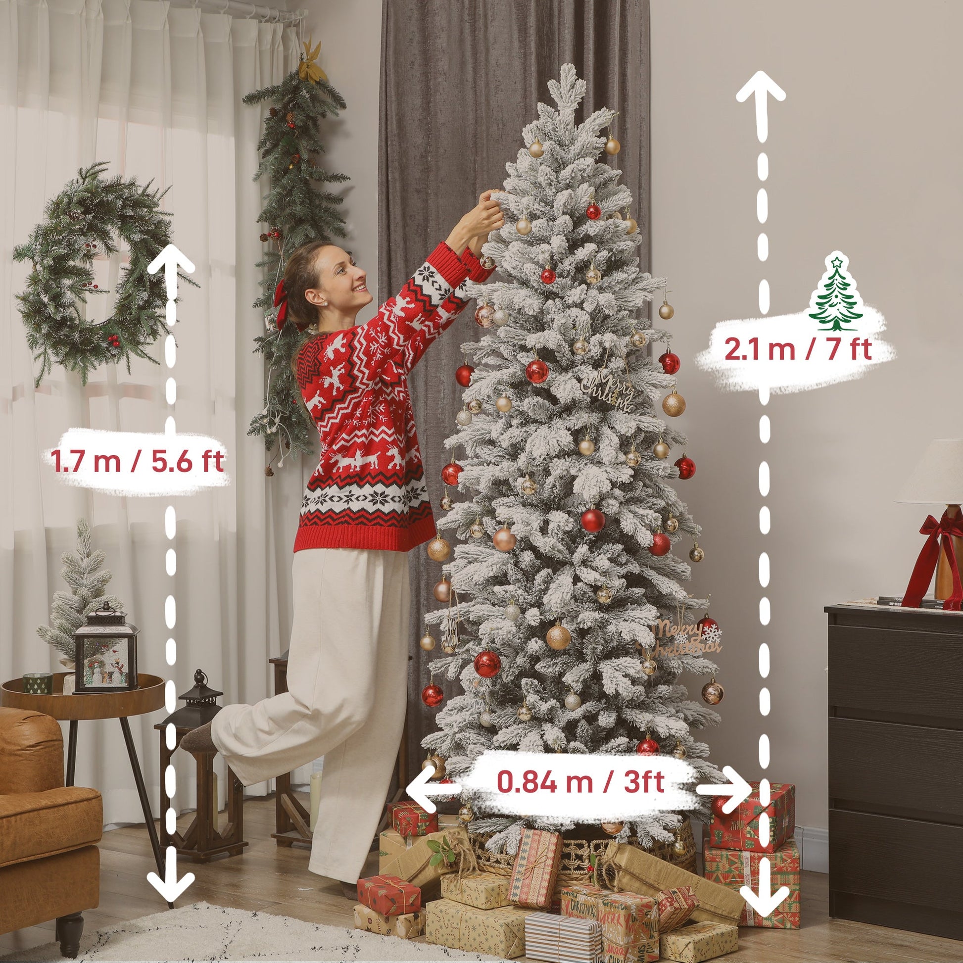 7ft Flocked Christmas Tree, Hinged Pencil Christmas Tree with 972 Tips, Realistic Branches, Easy Assembly, Slim Shape, Artificial Xmas Home Decoration, Green White